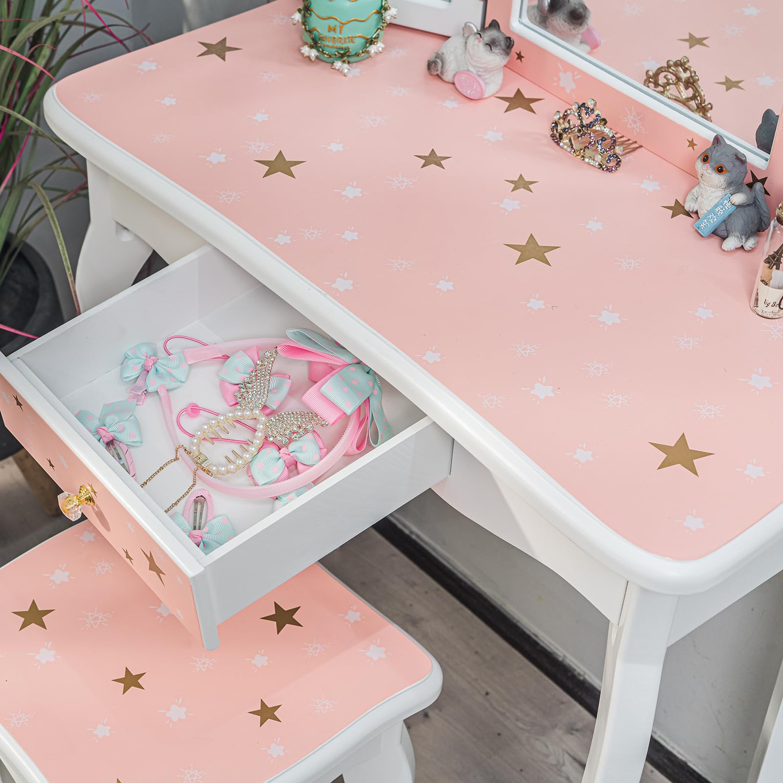 Memoryfield Kids Vanity Set - Wooden Princess Makeup Dressing Table with Mirror, Stool & Drawer | 2-in-1 Toddler Vanity Desk for Girls | Pretend Play, Birthday Gift & Bedroom Decor (Pink/White) - Perfect for Playrooms, Birthday Parties & Imaginative Play