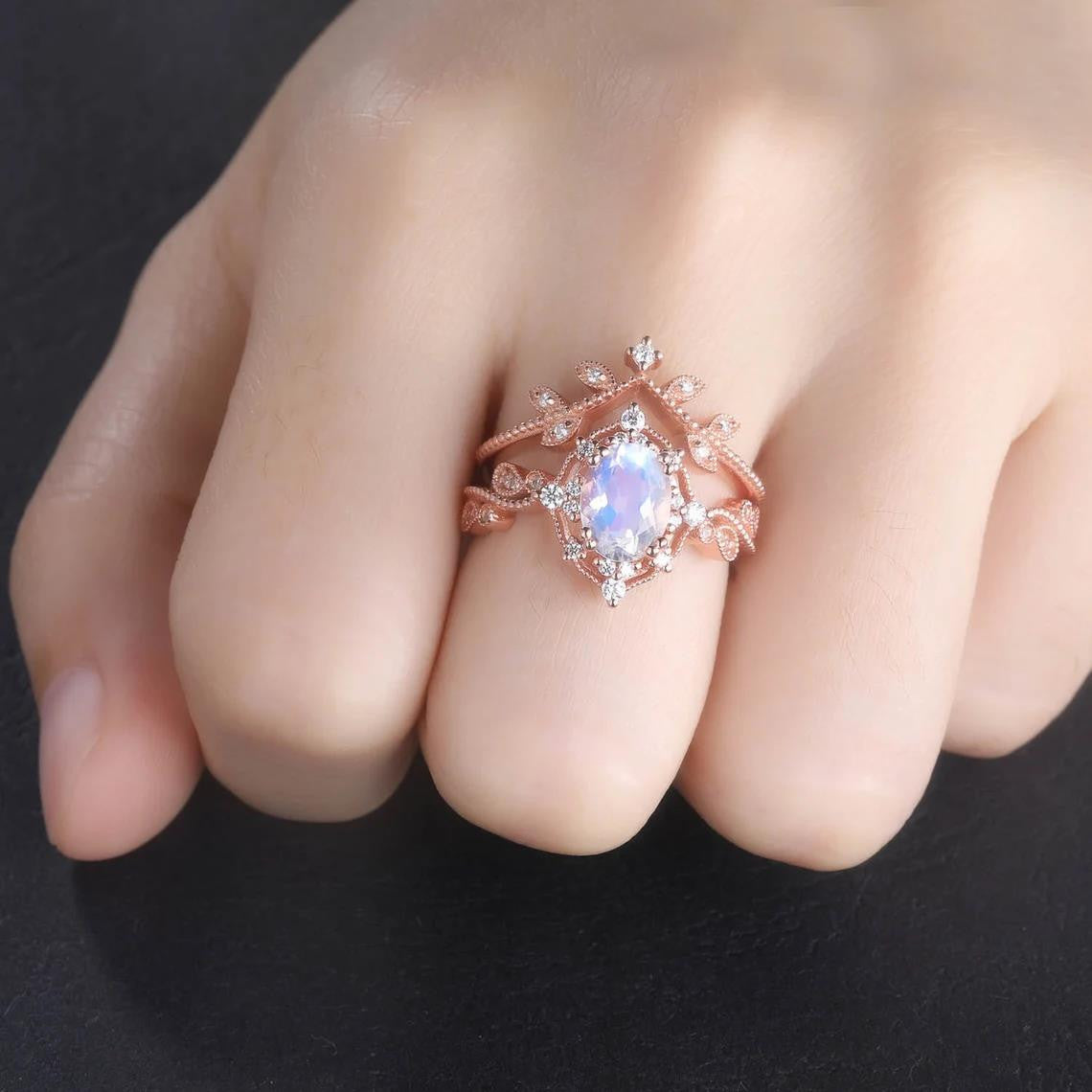 Rose Gold Oval Moonstone Engagement Ring Set with Diamond Eternity Band - Stackable Crown Ring for June Birthstone - Perfect for Weddings, Anniversaries & Special Occasions
