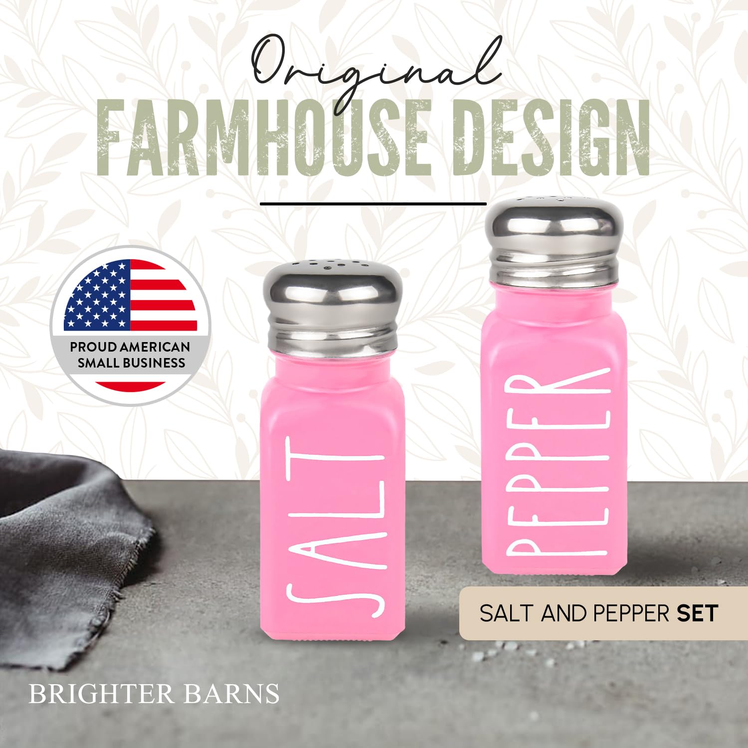 Brighter Barns Pink Salt and Pepper Shakers Set - Premium Glass Shakers with Stainless Steel Lids - Elegant Kitchen Accessories & Home Decor for Restaurants, Weddings, and Housewarming Gifts - Perfect for Dining Tables, Kitchen Countertops, and Gift Giving