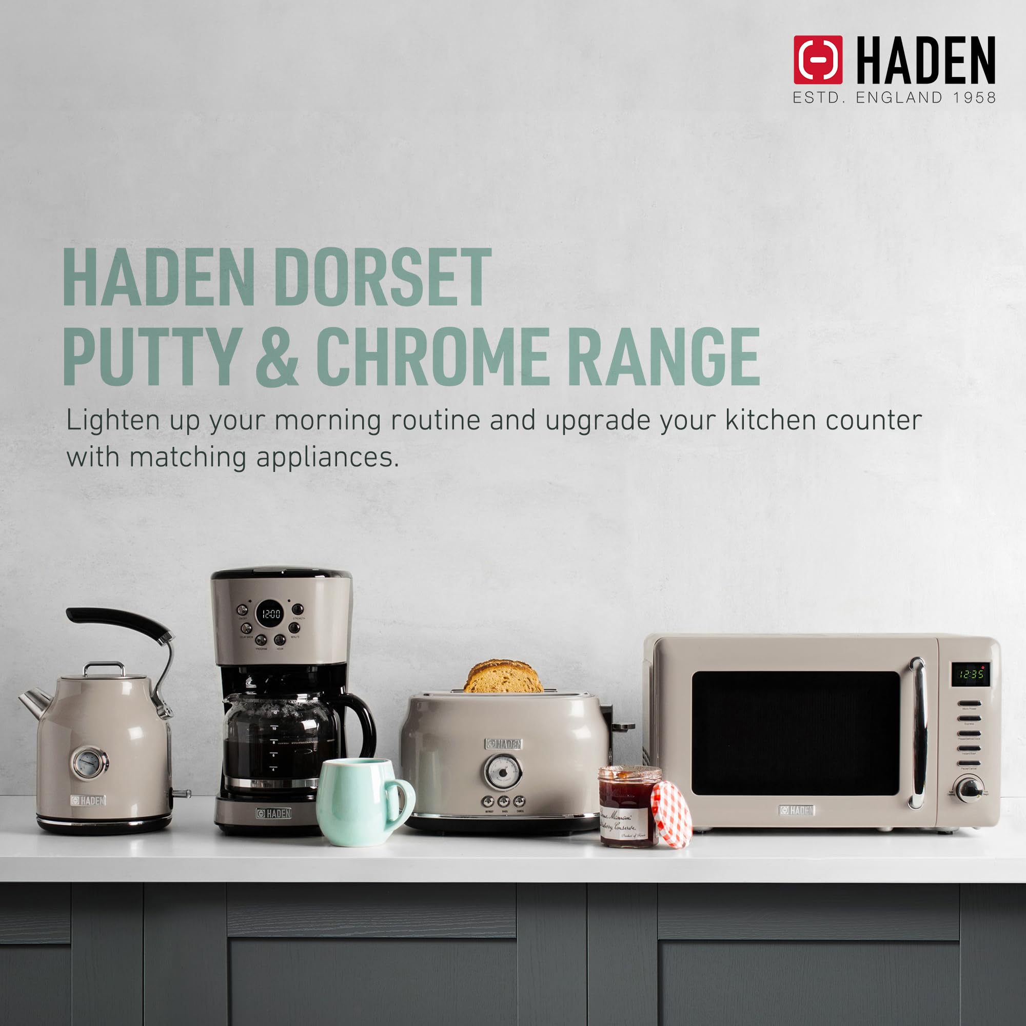 Haden 12 Cup Programmable Drip Coffee Maker with Dorset 4-Slice Wide Slot Stainless Steel Toaster Set - Perfect for Home Kitchen, Office, and Breakfast Nook - Putty & Chrome Finish