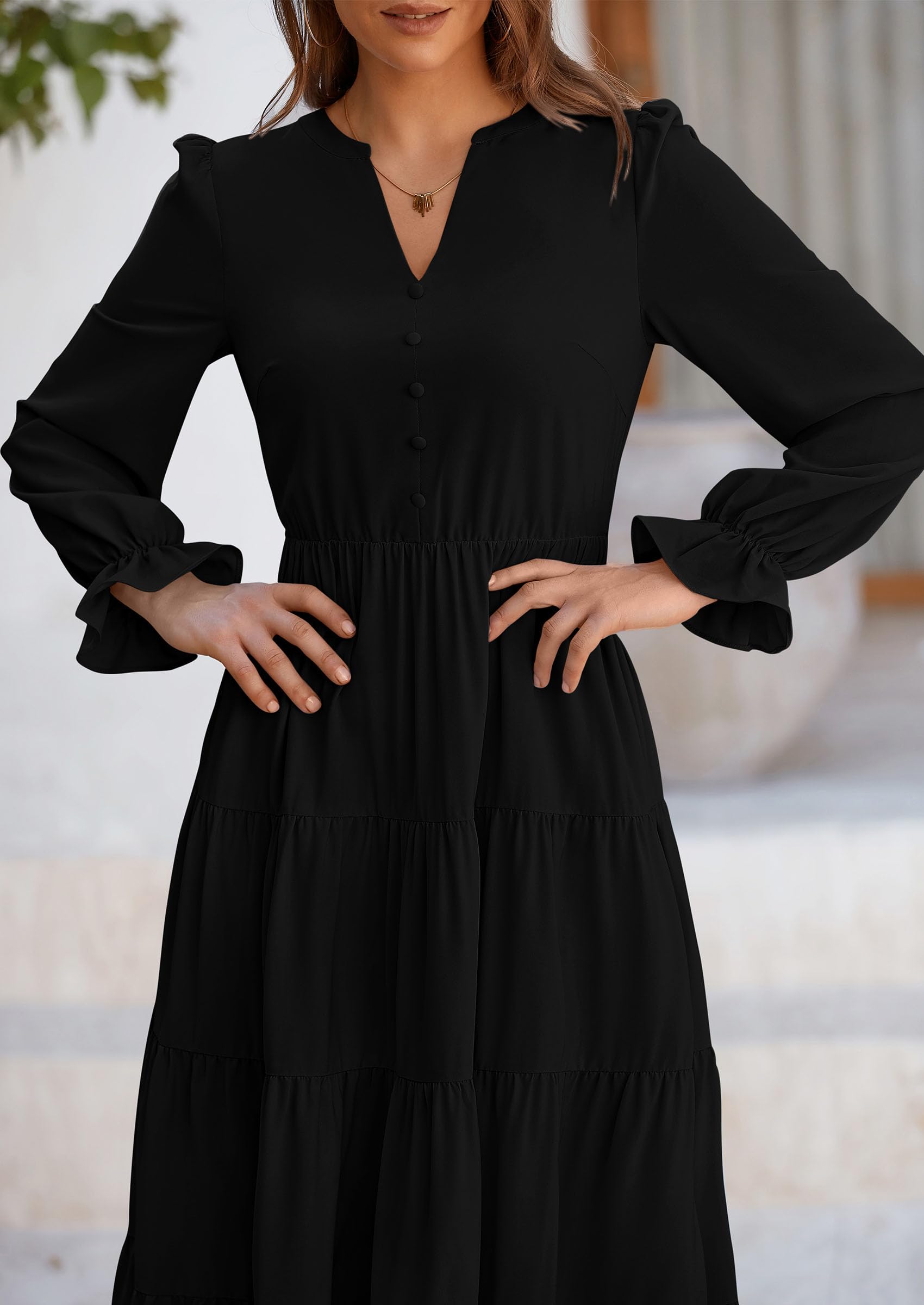 PRETTYGARDEN Women's Long Sleeve V-Neck Maxi Dress - Flowy Tiered Ruffle A-Line Cocktail Party Dress for Spring & Fall | Perfect for Weddings, Date Nights & Special Occasions