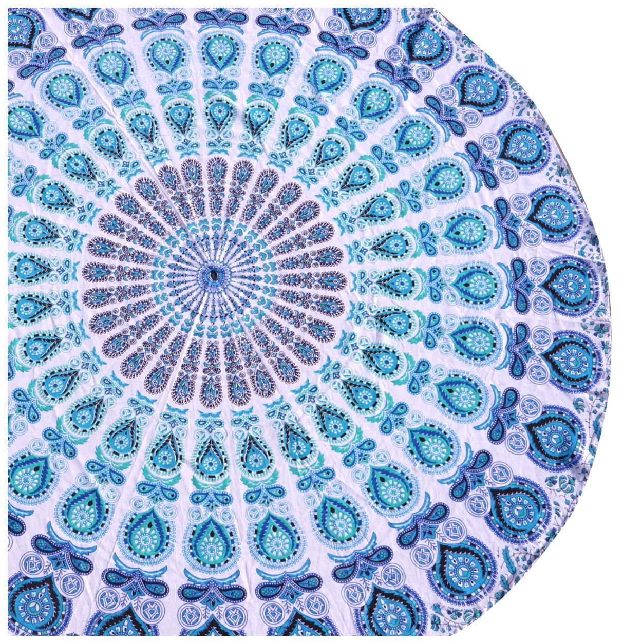 Blue Turquoise Cotton Mandala Round Tapestry - Indian Boho Beach Throw, Yoga Mat, Picnic Blanket & Table Cover for Hippie Decor, Meditation & Outdoor Gatherings