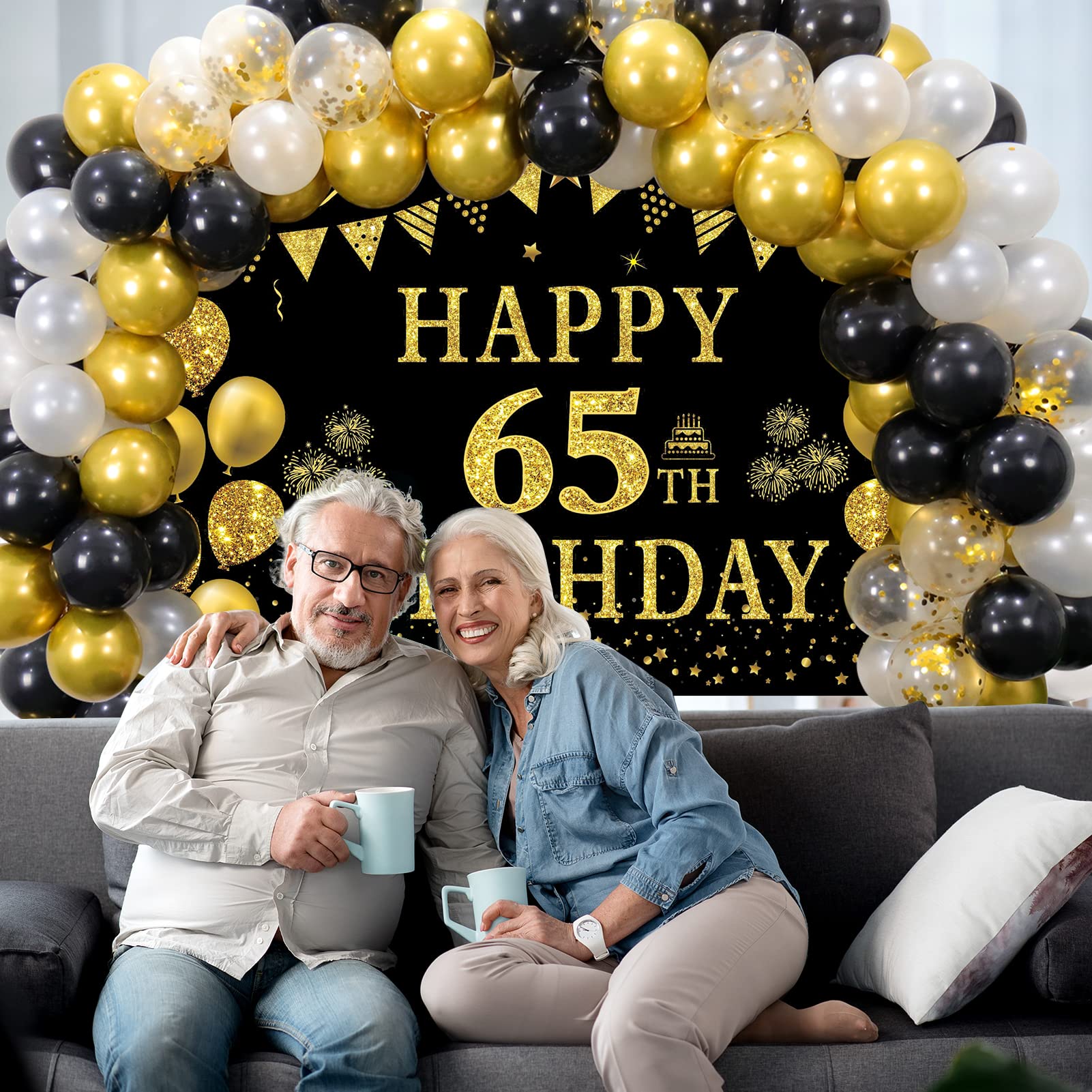 Black & Gold Happy 65th Birthday Party Decorations Set - Backdrop Banner, Tablecloth & 60 Latex Confetti Balloons for Men & Women | 65th Birthday Party Supplies & Gift Ideas | Perfect for Milestone Celebrations, Retirement Parties & Anniversary Decor