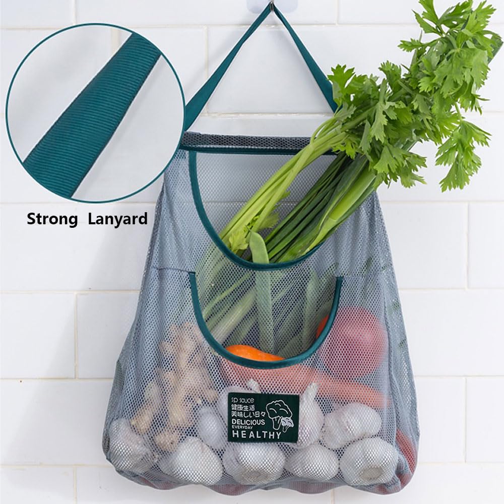 2 Pack Reusable Mesh Produce Bags - Large Durable Hanging Storage Bags with Dual Pockets for Fruits, Vegetables, Onions & Garlic - Breathable Eco-Friendly Grocery Shopping Bags for Kitchen, Pantry & Farmers Market Use