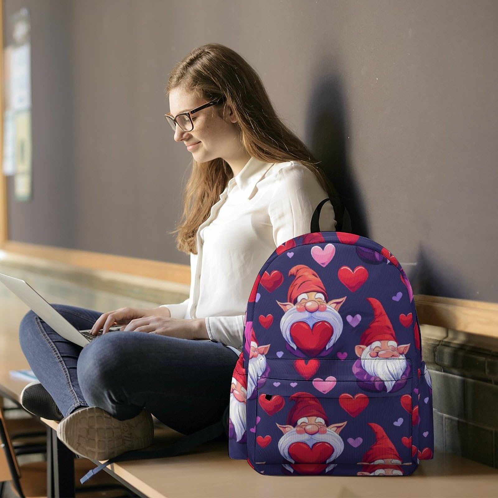 Gnomes Hearts Mini Backpack - Cute Shoulder Bag for Women & Men, Small Laptop Bag, Lightweight Travel Daypack - Perfect for School, Work, Travel & Daily Use