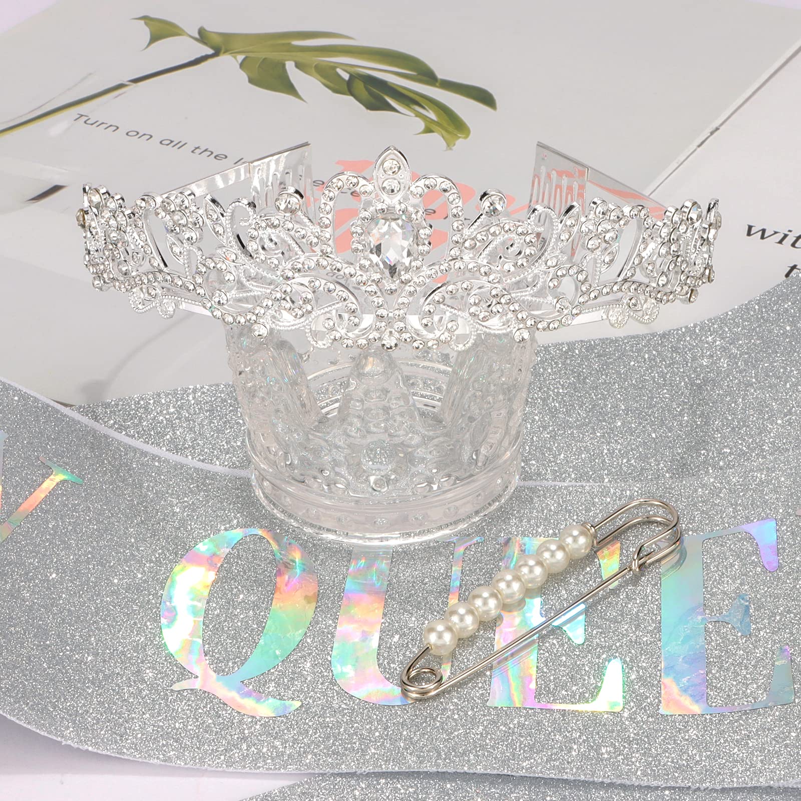 Silver Birthday Crown & Queen Sash Set for Women - Elegant Tiara & Birthday Party Decorations - Perfect for Birthday Celebrations, Bachelorette Parties & Special Occasions