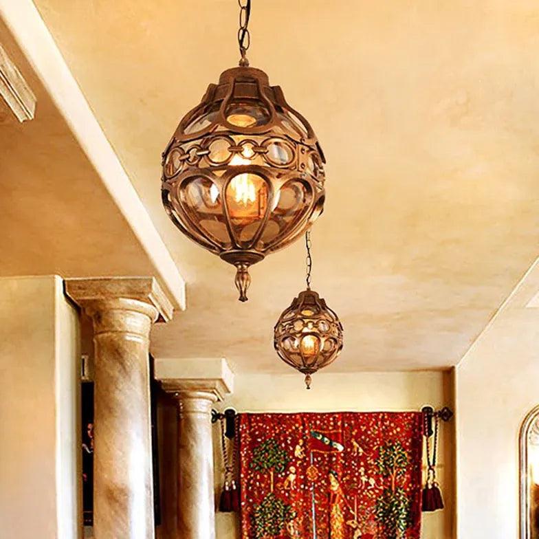 Vintage Spherical Carved Copper Pendant Light - Antique Style Ceiling Fixture for Dining Room, Kitchen Island & Bedroom Lighting