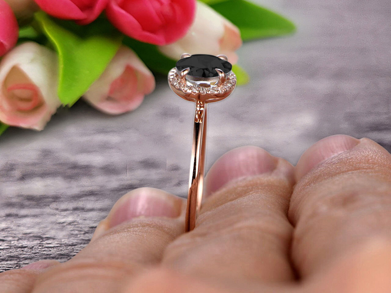 1.25 Carat Round Cut Black Diamond Moissanite Engagement Ring in 10k Rose Gold with Halo Antique Design - Perfect for Proposals, Anniversaries & Vintage-Inspired Bridal Jewelry