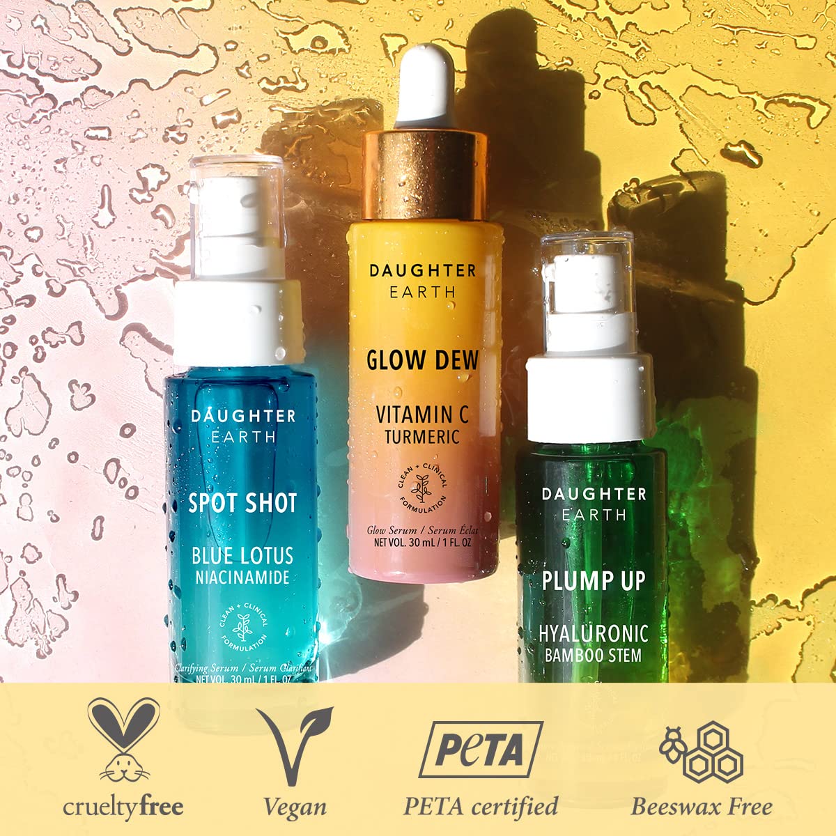 DAUGHTER EARTH Dreamy Drops Serum Trio Set - Vitamin C Serum, Niacinamide Serum & Hyaluronic Acid Serum for Glowing Skin | Anti-Aging Treatment for Fine Lines & Wrinkles | Dark Spot Corrector & Brightening Serum | 3-Pack Skincare Bundle | Perfect for Daily Routine & Nighttime Skincare