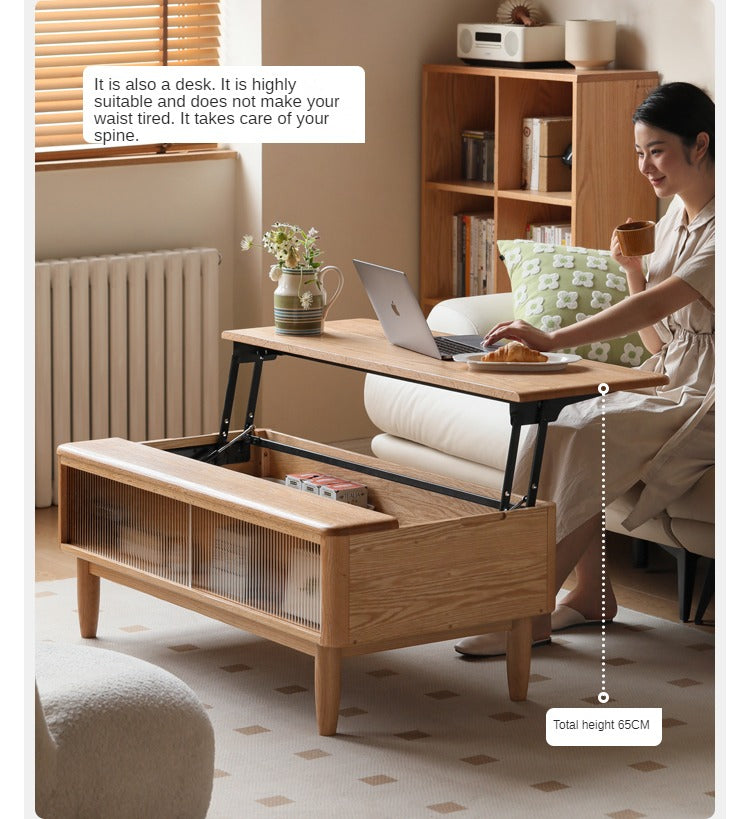 Solid Oak Wood Modern Lift-Top Coffee Table with Slate Finish - Perfect for Living Room, Home Office, and Small Spaces