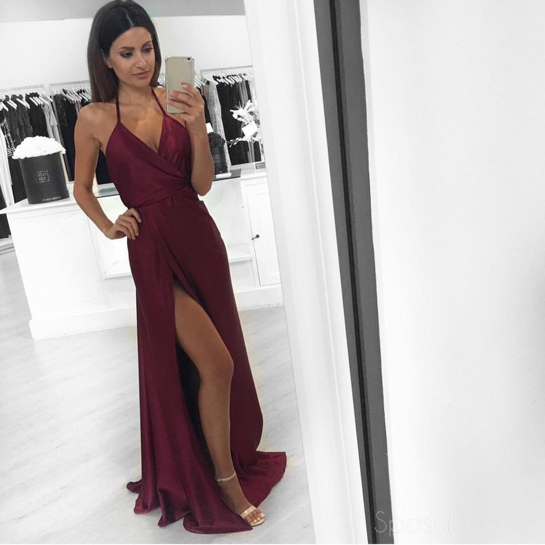 Elegant Maroon Halter V-Neck Prom Dress with Long Side Slit - Sexy Evening Gown for Prom, Party & Formal Events - Custom Made Long Prom Dresses - Perfect for Homecoming, Cocktail Parties & Special Occasions