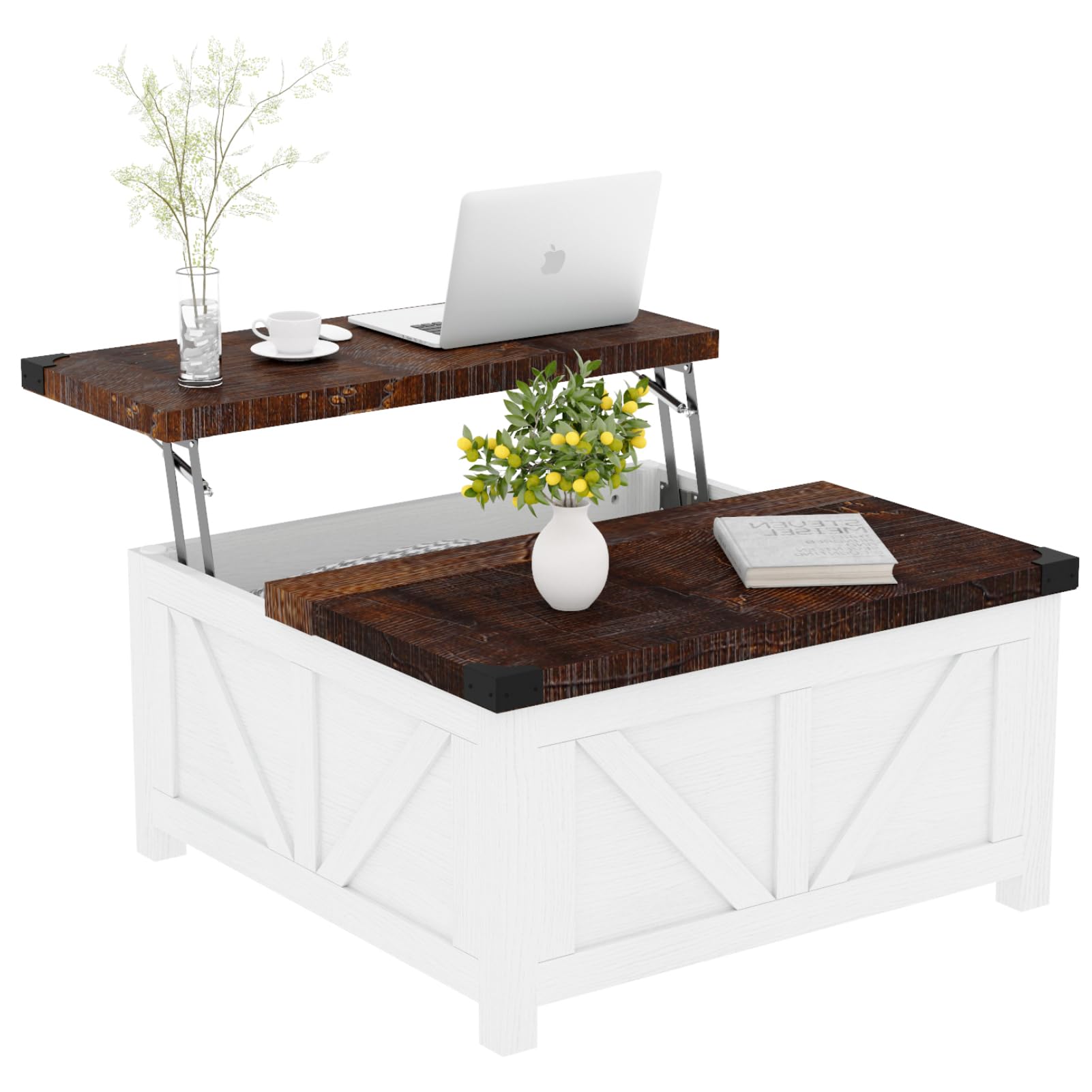Farmhouse Lift Top Coffee Table with Storage - Wood Square Center Table with Charging Station & USB Ports - Large Hidden Compartment - Perfect for Living Room, Bedroom, Home Office - Ideal for Entertaining, Remote Work & Small Space Storage