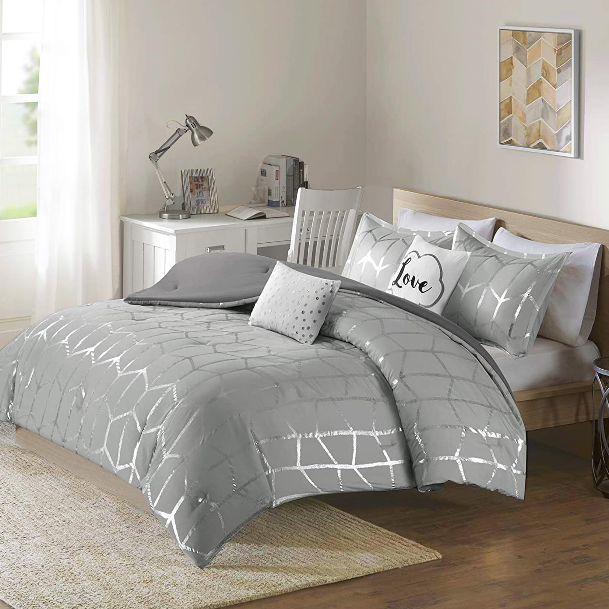 Premium Raina Comforter Set - Full/Queen Size, Soft Grey & Silver Bedding - Perfect for Master Bedroom, Guest Room & Cozy Home Decor
