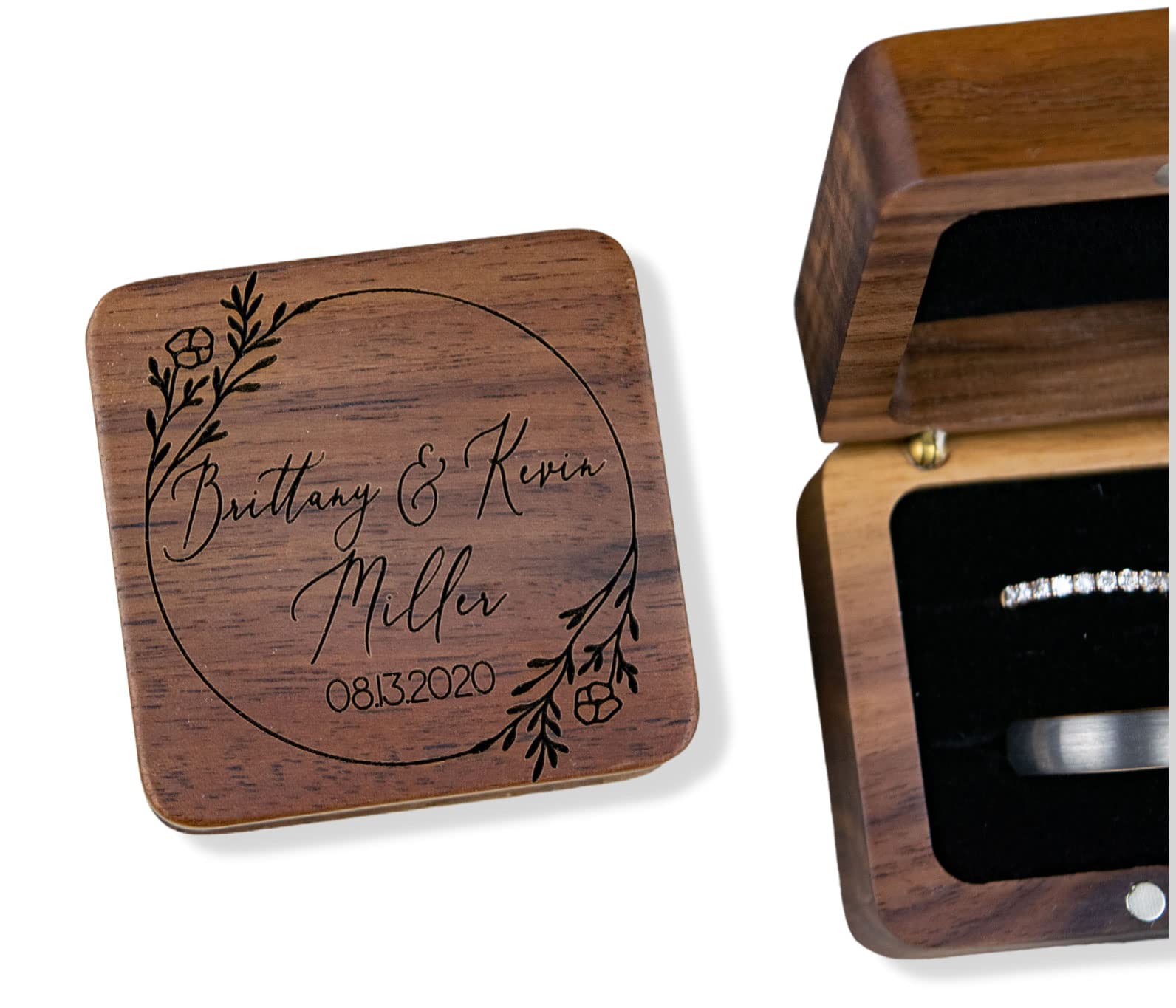 Personalized Wooden Wedding Ring Box for Bride and Groom - Engraved Mr & Mrs Walnut Ring Bearer Box - Perfect for Wedding Ceremonies, Vows Exchange & Romantic Proposals