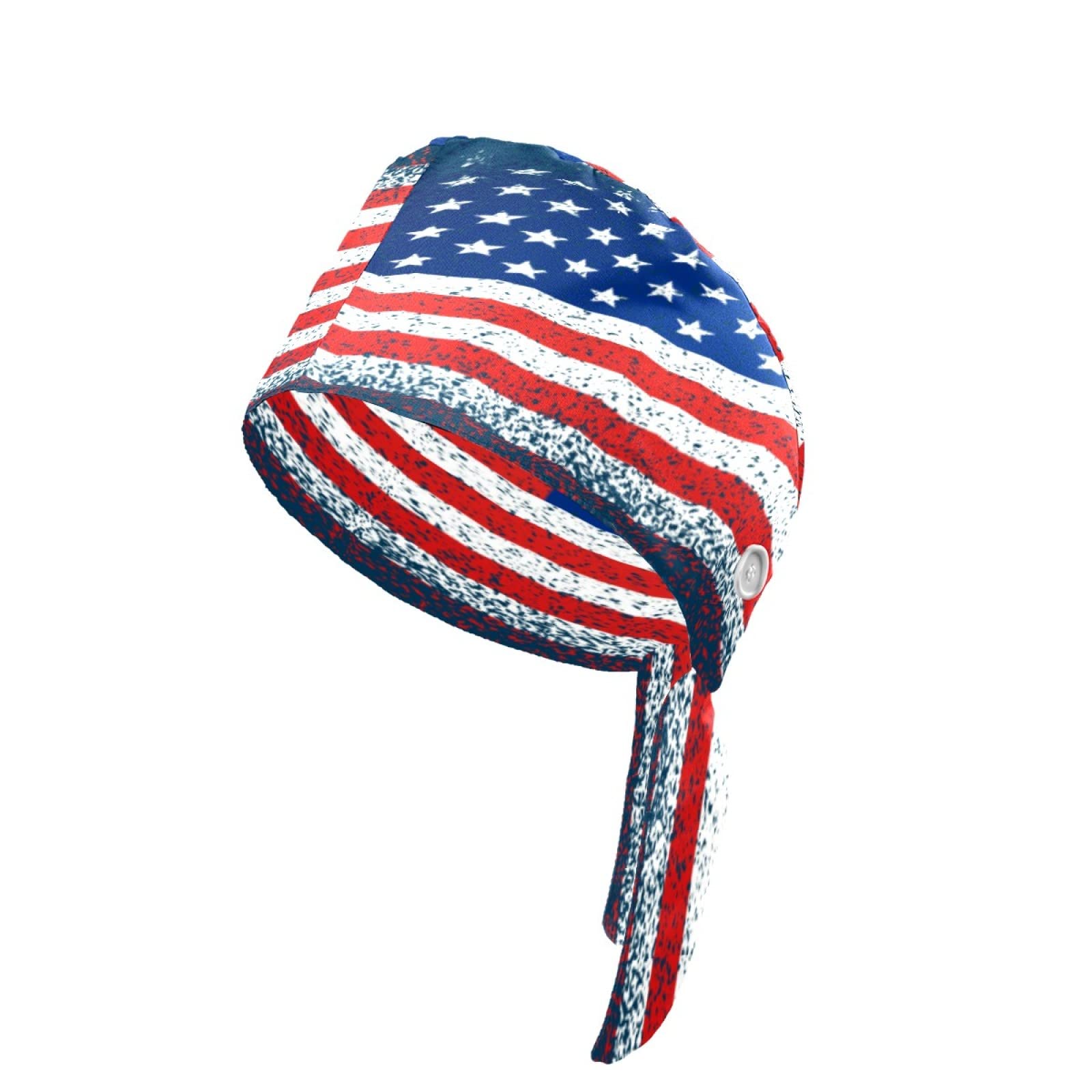 Adjustable Sweatband Scrub Cap with Button & Tie Back - American Flag Working Hats for Women & Men - Perfect for Nurses, Doctors, Chefs & Medical Professionals