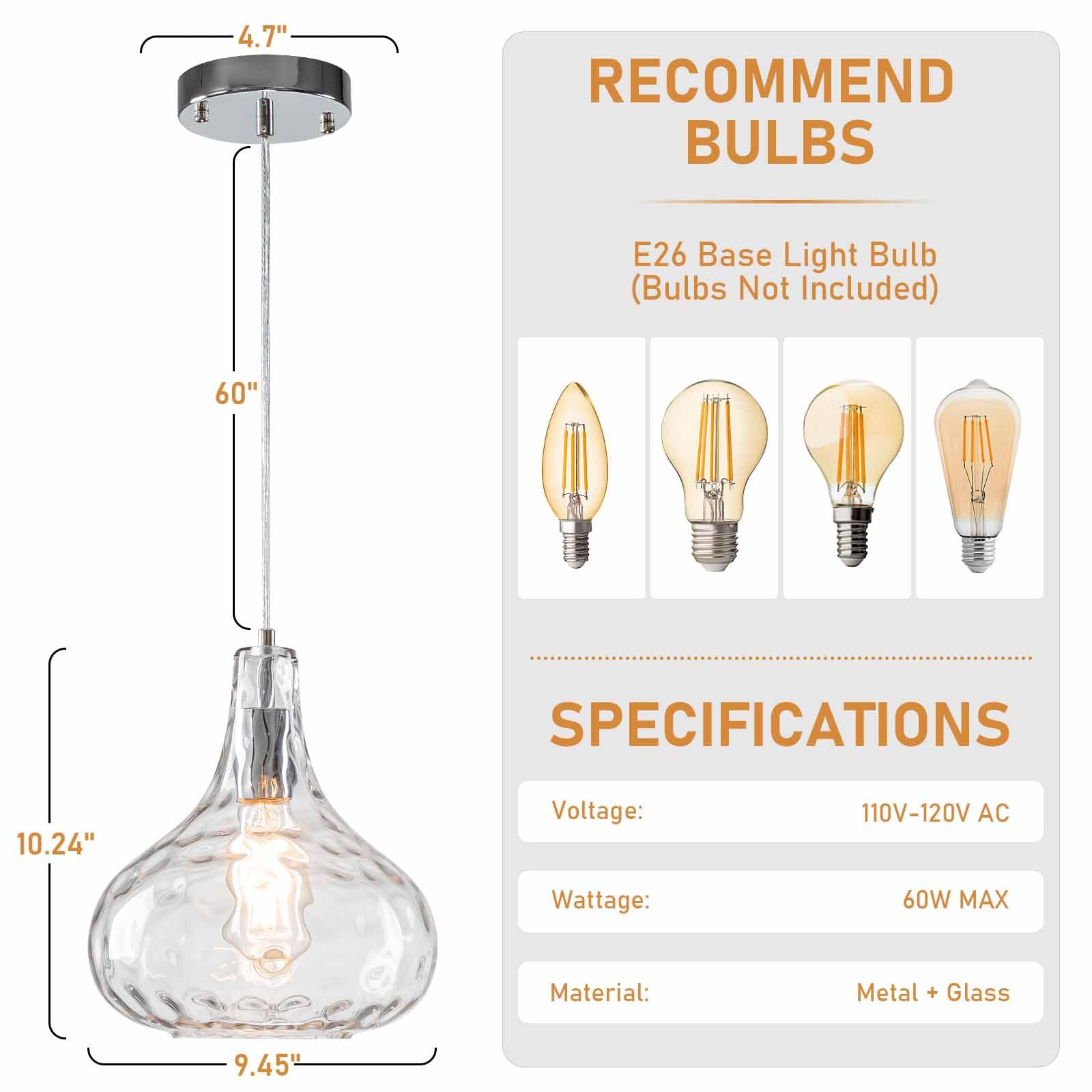 Hammered Clear Glass Pendant Light - Adjustable Ceiling Fixture for Kitchen, Dining Room & Living Room (2-Pack) | Modern Lighting for Home Decor & Commercial Spaces