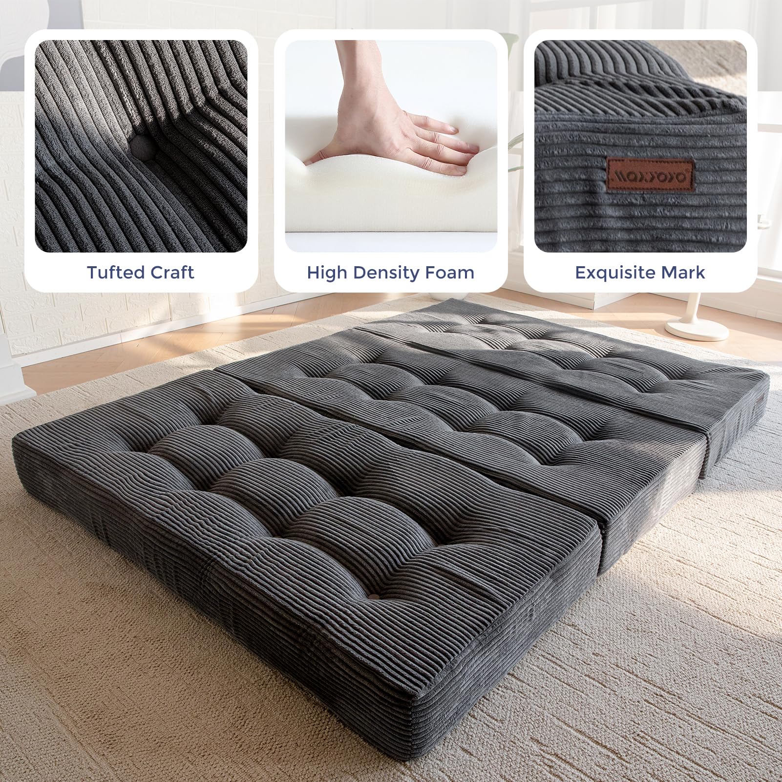 MAXYOYO 6 Inch Tri Fold Mattress - Tufted Full Foam Folding Bed with Durable Corded Fabric in Dark Grey | Perfect for Guest Beds, Camping & Small Spaces