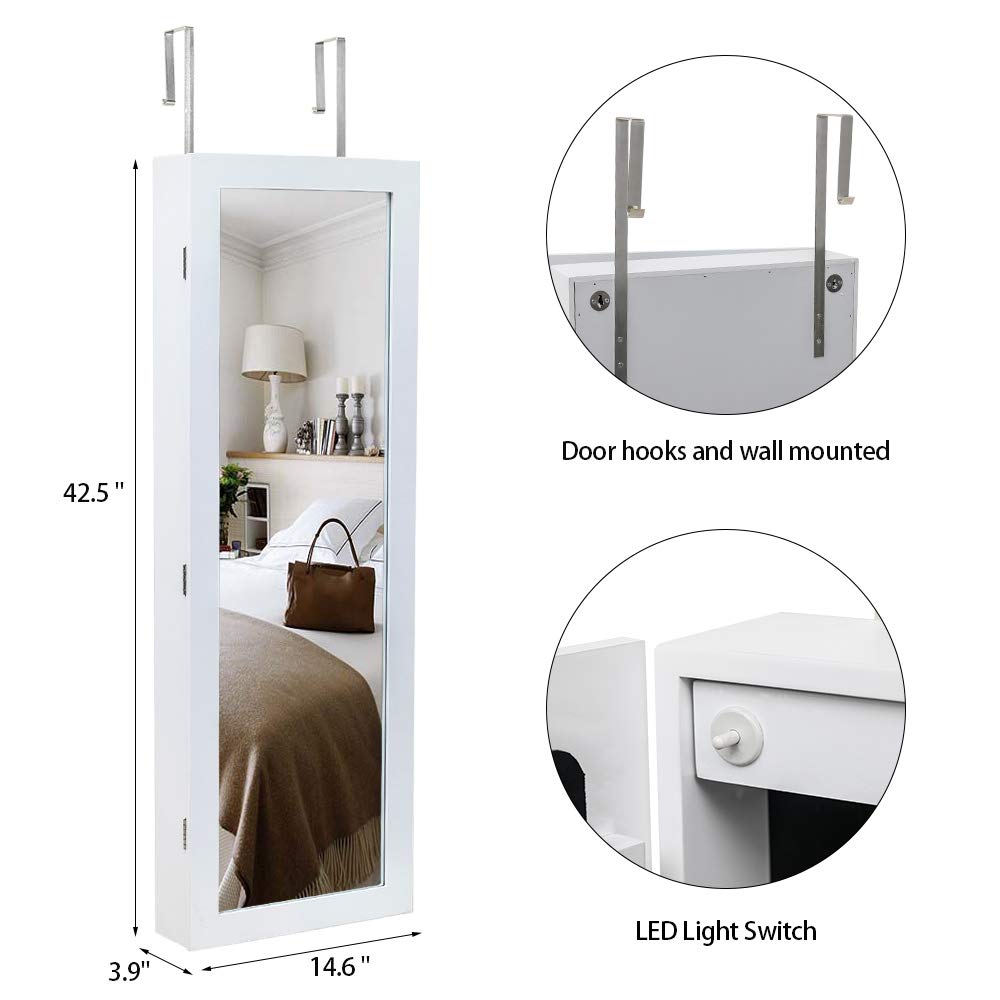 White Wall-Mounted Jewelry Armoire Cabinet with Full-Length Mirror, LED Lights & Lockable Drawers - Large Jewelry Organizer for Necklaces, Rings & Accessories - Perfect for Bedroom Closet or Walk-In Wardrobe Organization