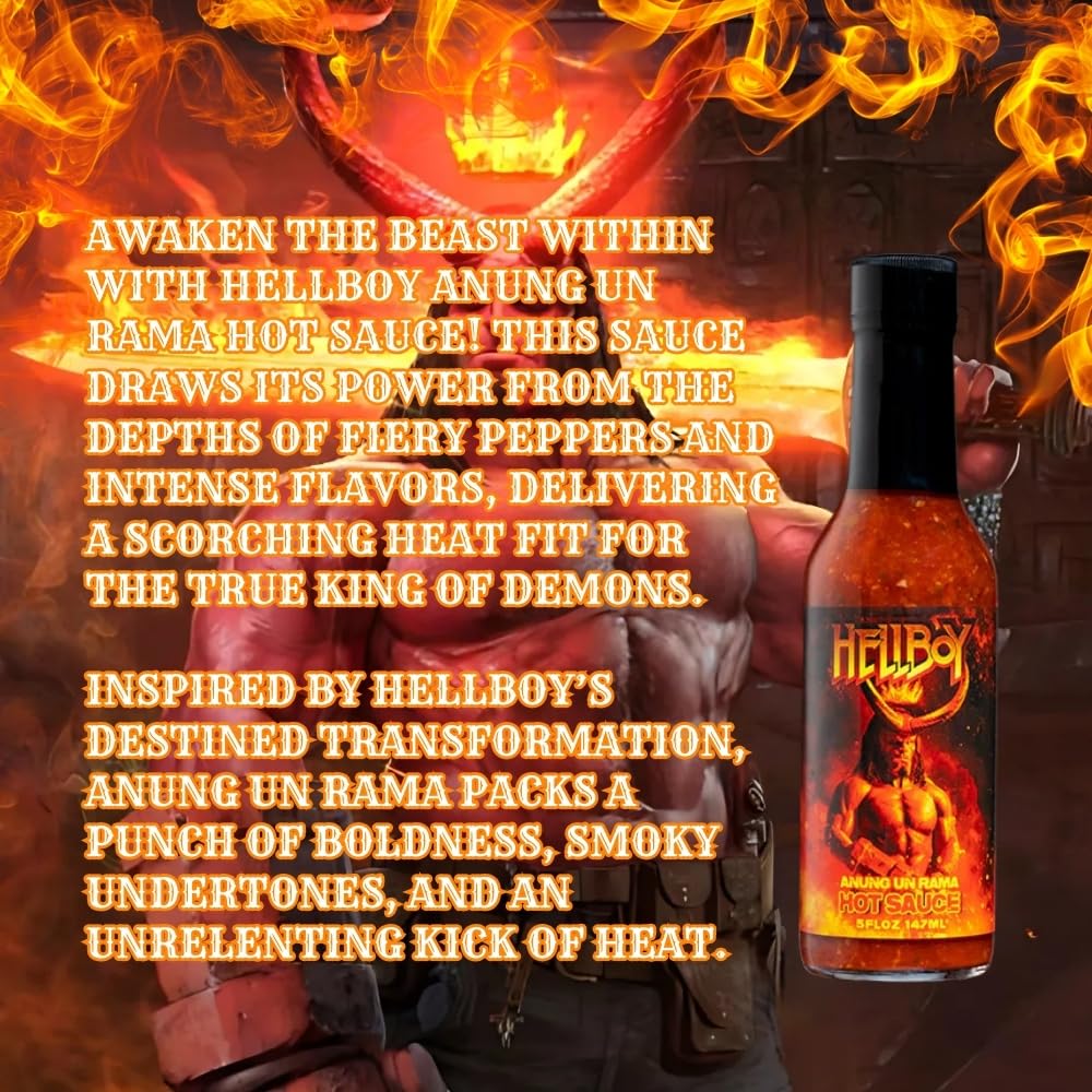 HELLBOY ANUNG UN RAMA Hot Sauce - Officially Licensed 2019 Movie Hot Sauce with Bhut Jolokia & Trinidad Scorpion Peppers | Spicy Gift for Movie Fans, Hot Sauce Lovers & BBQ Enthusiasts | Perfect for Wings, Tacos, Burgers & Hellboy Movie Nights