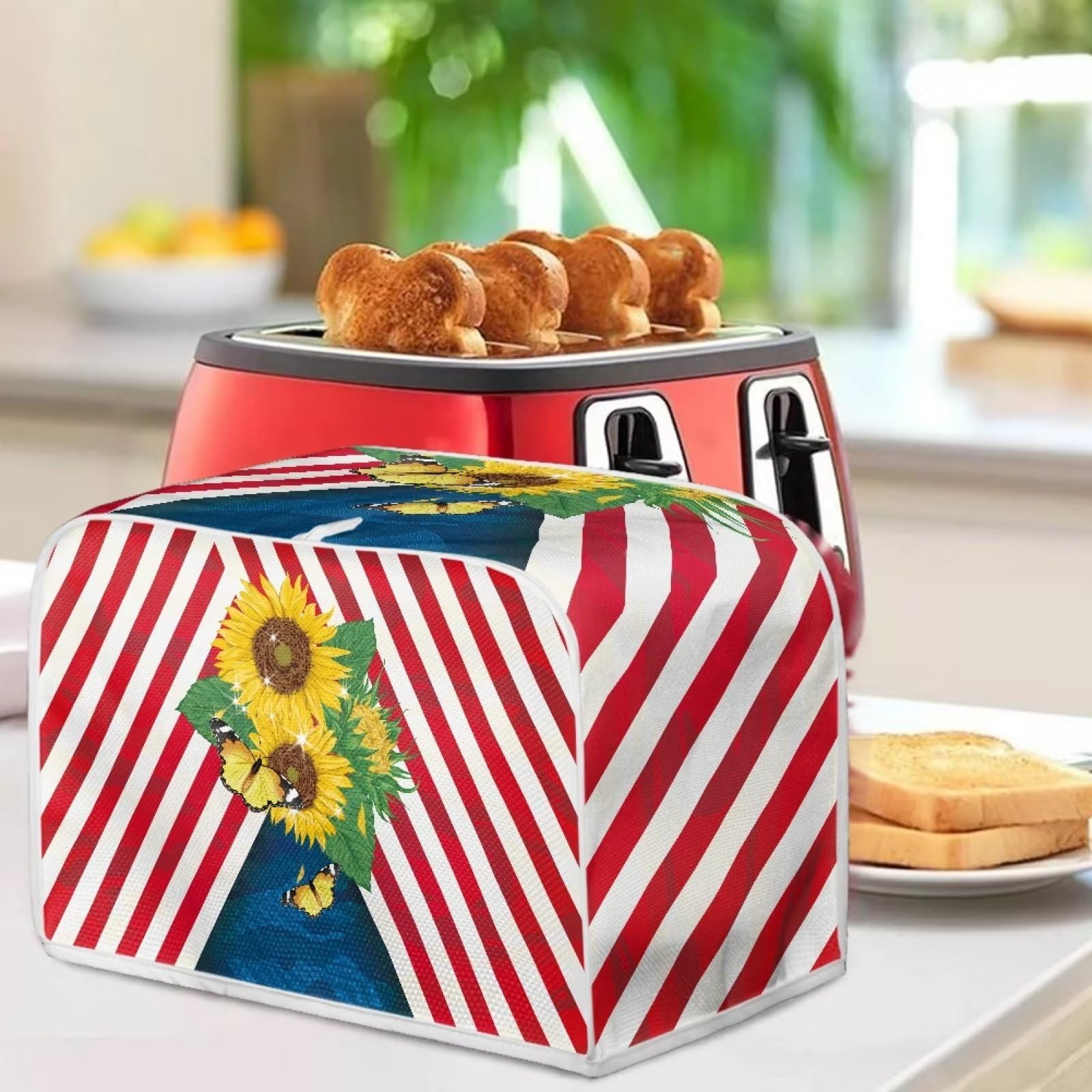 American Flag Sunflower Toaster Cover for 4-Slice Toasters - Universal Fit Anti-Splatter Kitchen Appliance Cover - Cute Kitchen Decor Accessory - Perfect for Breakfast Nook, Farmhouse Style Kitchens & Patriotic Home Decor
