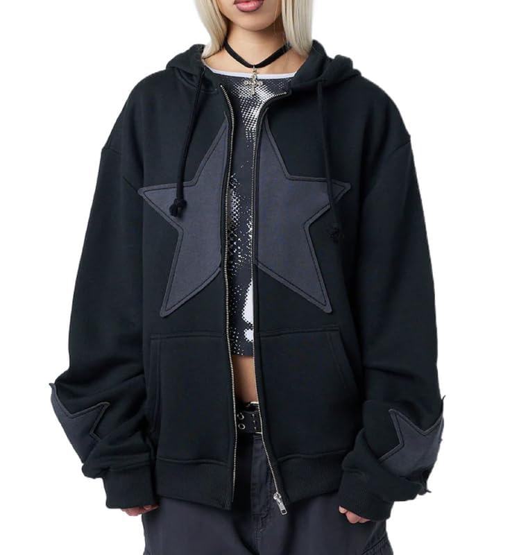 Y2K Women's Zip Up Hoodie with Star Print - Oversized Graphic Sweatshirt | Fairy Grunge Aesthetic Hooded Jacket | Harajuku Streetwear for Casual Outfits, Music Festivals & Retro Fashion