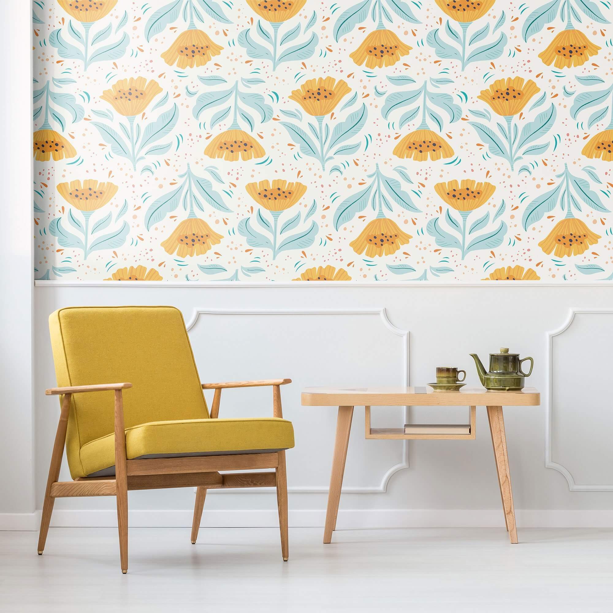 Yellow Botanical Floral Peel and Stick Removable Wallpaper 0880 - Self-Adhesive Wall Decor for Bedroom, Living Room & Nursery - Easy DIY Home Renovation