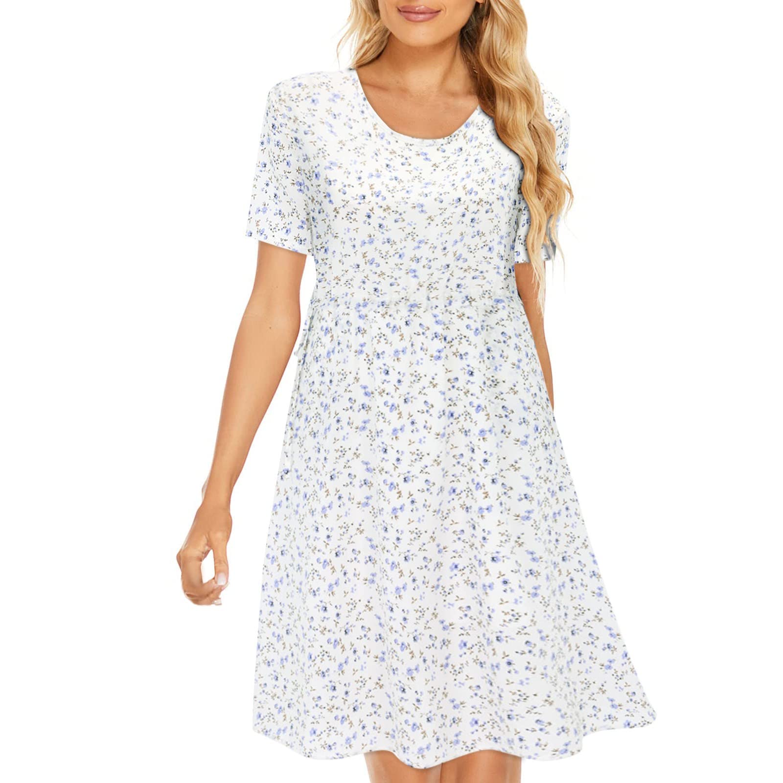 Women's Floral Summer Casual Dress - Short Sleeve Tie Waist A-Line Mini Dress with Buttons | Perfect for Beach Vacations, Brunch Dates & Summer Parties