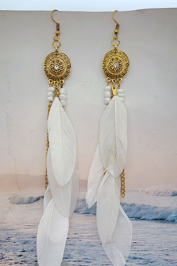 Vintage Chain Tassel Bohemian Feather Earrings for Women - Handmade Dangle Drop Earrings - Boho Chic Jewelry for Party, Festival, and Everyday Wear