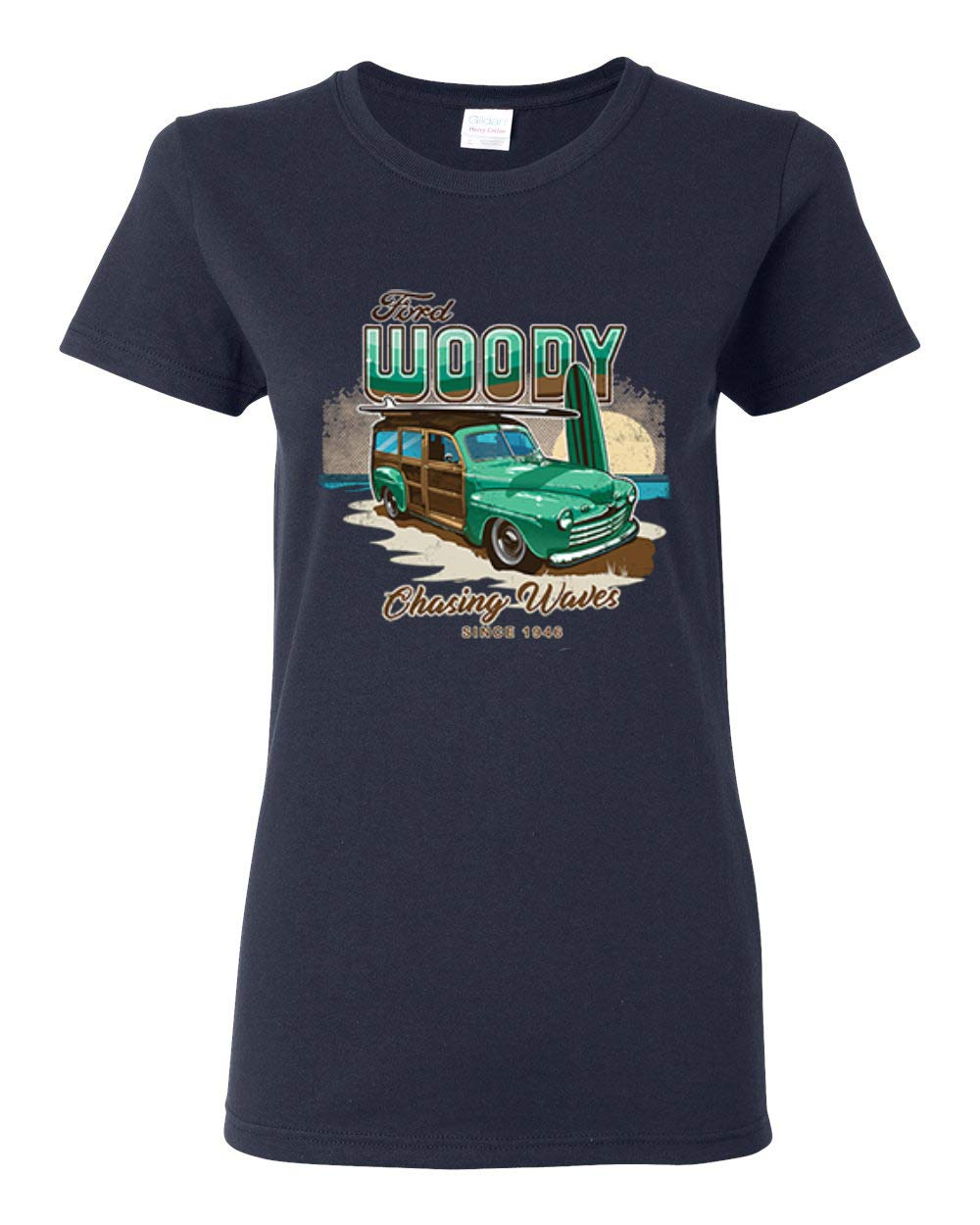 Vintage 1946 Ford Woody Chasing Waves Graphic T-Shirt for Women - Retro Beach & Road Trip Style Tee