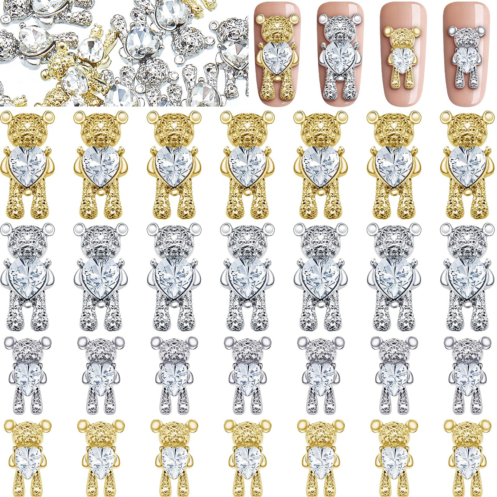 50Pcs 3D Bear Nail Art Charms - Cute Rhinestone Bear Nail Decorations for Women, Gold & Silver Alloy Manicure Accessories for DIY Nail Designs | Perfect for Parties, Weddings, and Everyday Nail Art