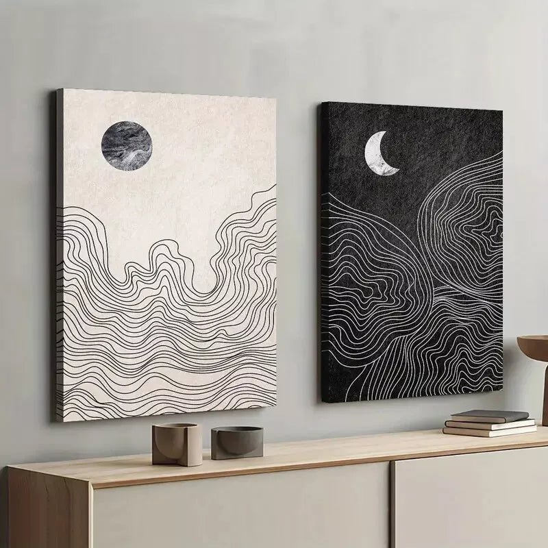 2 Piece Abstract Sun and Moon Geometric Framed Wall Art - 50x75cm High Quality Canvas Print | 100% Australian Made | Ready to Hang | Perfect for Living Room, Bedroom & Office Decor