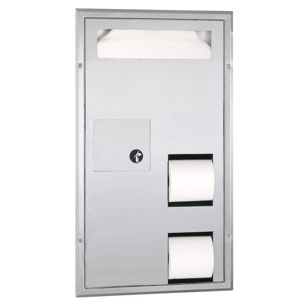 Bobrick B35715 ClassicSeries Seat Cover Dispenser with Toilet Paper Dispenser & Sanitary Disposal Partition - Satin Finish | Commercial Restroom Hygiene Solution for Offices, Hospitals & Public Spaces