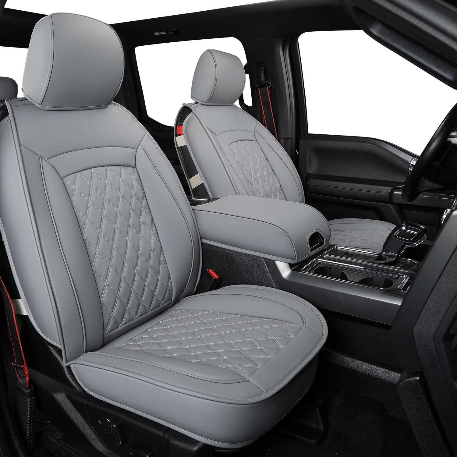 LUCKYMAN Club F150 Faux Leather Seat Covers S07-Q2 - Full Set Gray - Compatible with 2015-2025 Ford F150 & 2017-2025 F250 F350 F450 Pickup Trucks - Premium Protection & Comfort for Work & Road Trips