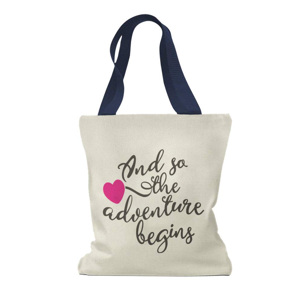 Custom Canvas Tote Bag - 'And So The Adventure Begins' Reusable Shopping Bag for Women | Beach, Wedding, Travel & Holiday Gift | Navy Blue Design | Eco-Friendly Grocery & Everyday Use