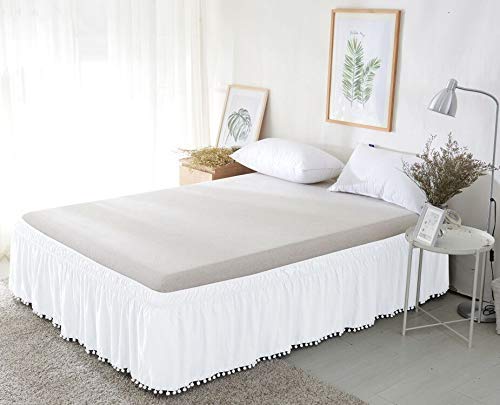 Luxury Elastic Bed Skirt with Top-Knot Tassel Pompom Fringe Ruffle Trim - 30 Inch Drop for Queen & King Size Beds - Elegant White Bed Wrap for Master Bedroom Decor & Hotel Style Bedding