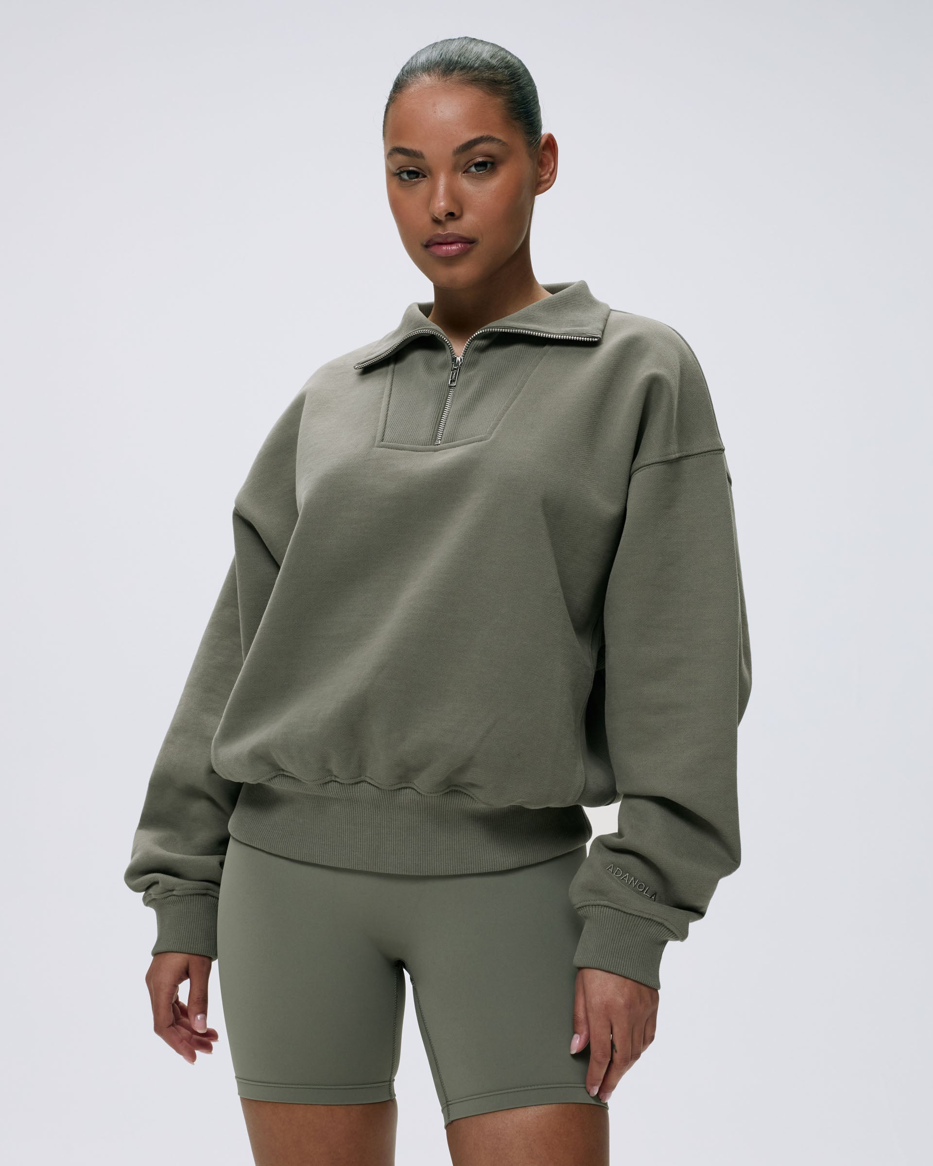 Relaxed Funnel Neck Zip Sweatshirt for Women - Olive Green Pullover Hoodie | Casual Loungewear, Outdoor Activities & Streetwear Fashion