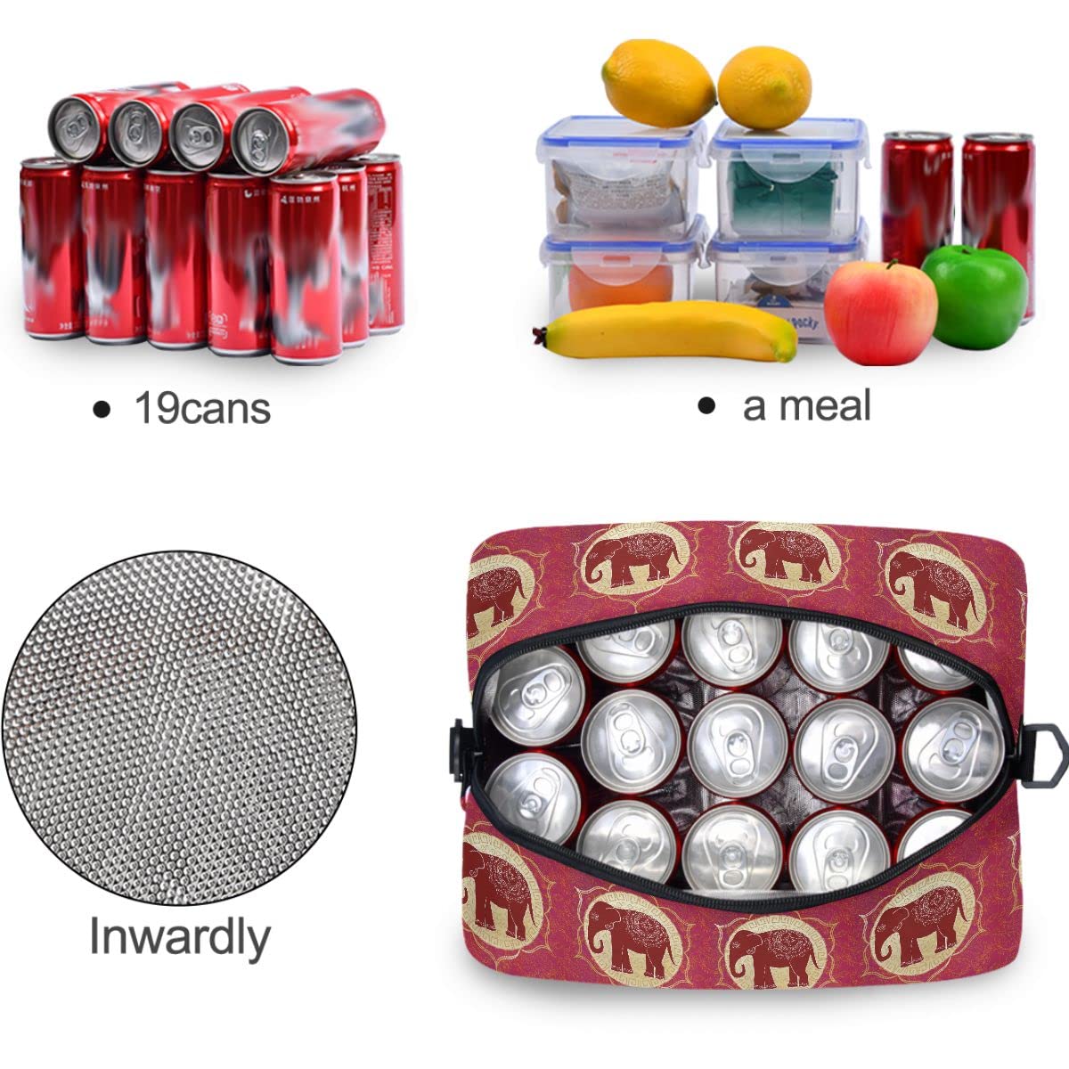 **MNSRUU Insulated Lunch Bag with Indian Elephant & Mandala Design - Reusable Leakproof Lunch Tote for Men & Women - Perfect for Work, School, Picnics & Outdoor Activities**