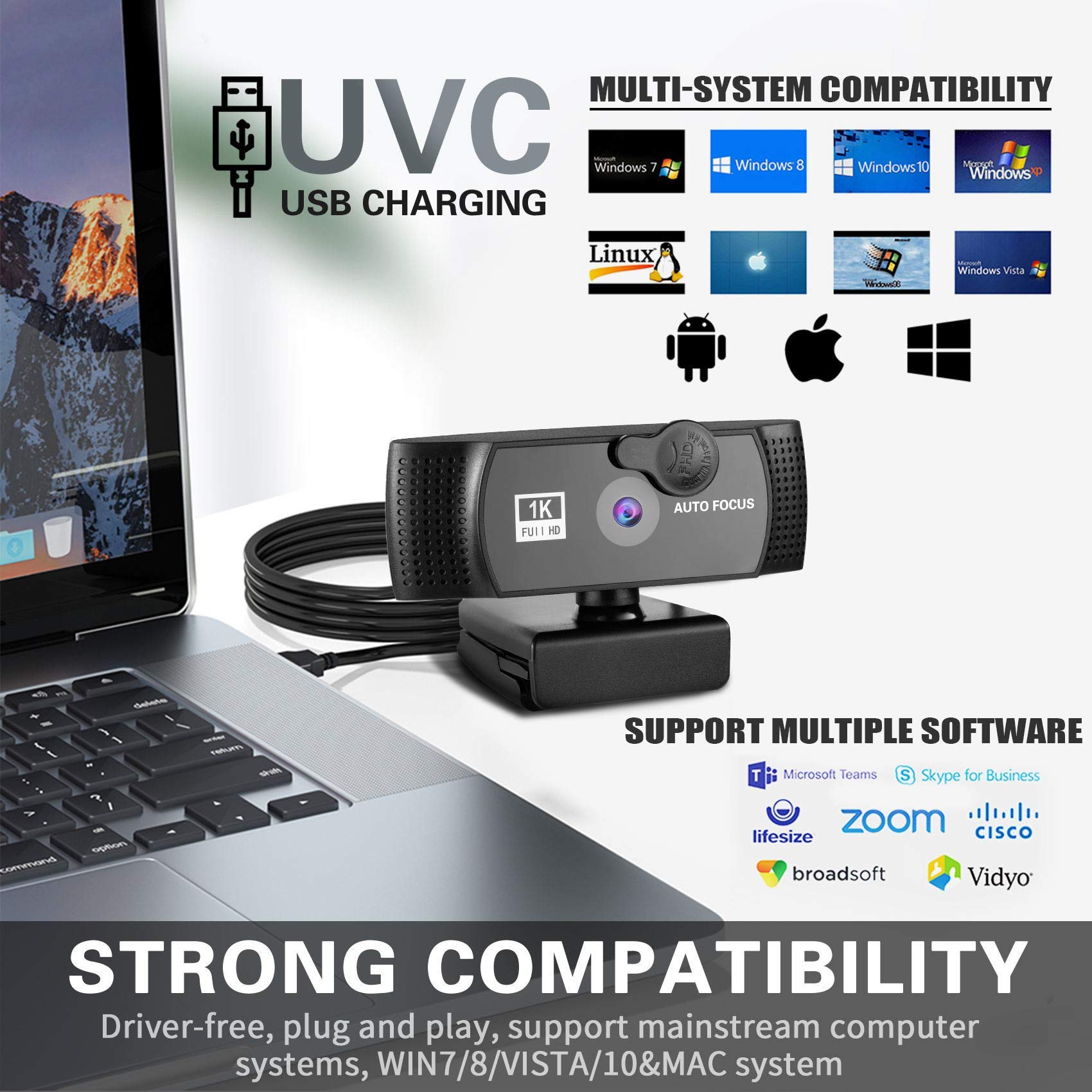 1080p Full HD Webcam with Built-in Microphone, Auto Focus & 120° Wide Angle - Tripod Stand & Privacy Cover Included for Zoom, Skype, FaceTime - Perfect for Video Conferencing, Online Classes & Remote Work