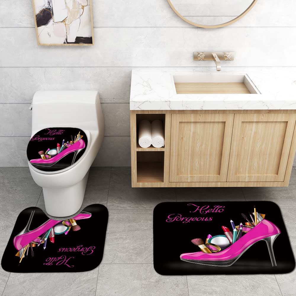 4PCS Hello Gorgeous Shower Curtain Set - Hot Pink High Heels & Lipstick Makeup Design for Girls & Women, Waterproof Fabric Bathroom Decor with Non-Slip Mat & Toilet Rug - Perfect for Fashion-Themed Bathrooms & Gift Ideas
