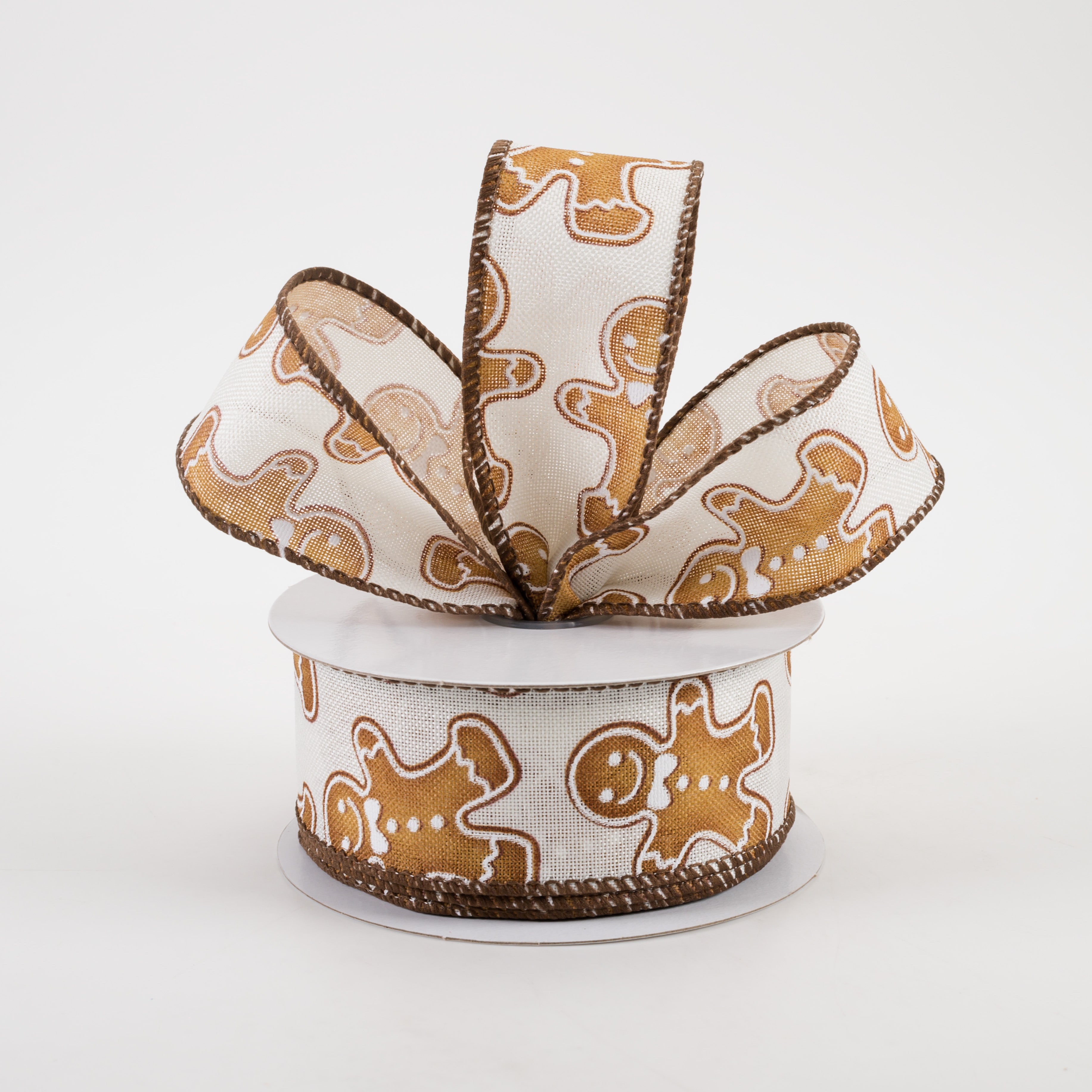 1.5 Inch Classic Gingerbread Men Linen Ribbon - Ivory (10 Yards) for Christmas Gift Wrapping, DIY Crafts, and Holiday Decorations