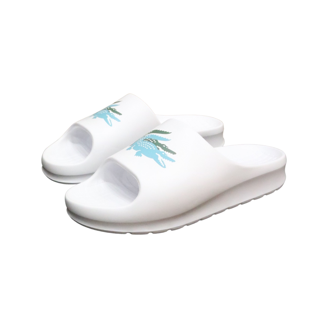 Lacoste Men's Serve Slide 2.0 White & Dark Sandals - Comfortable Casual Slides for Pool, Beach, and Everyday Wear