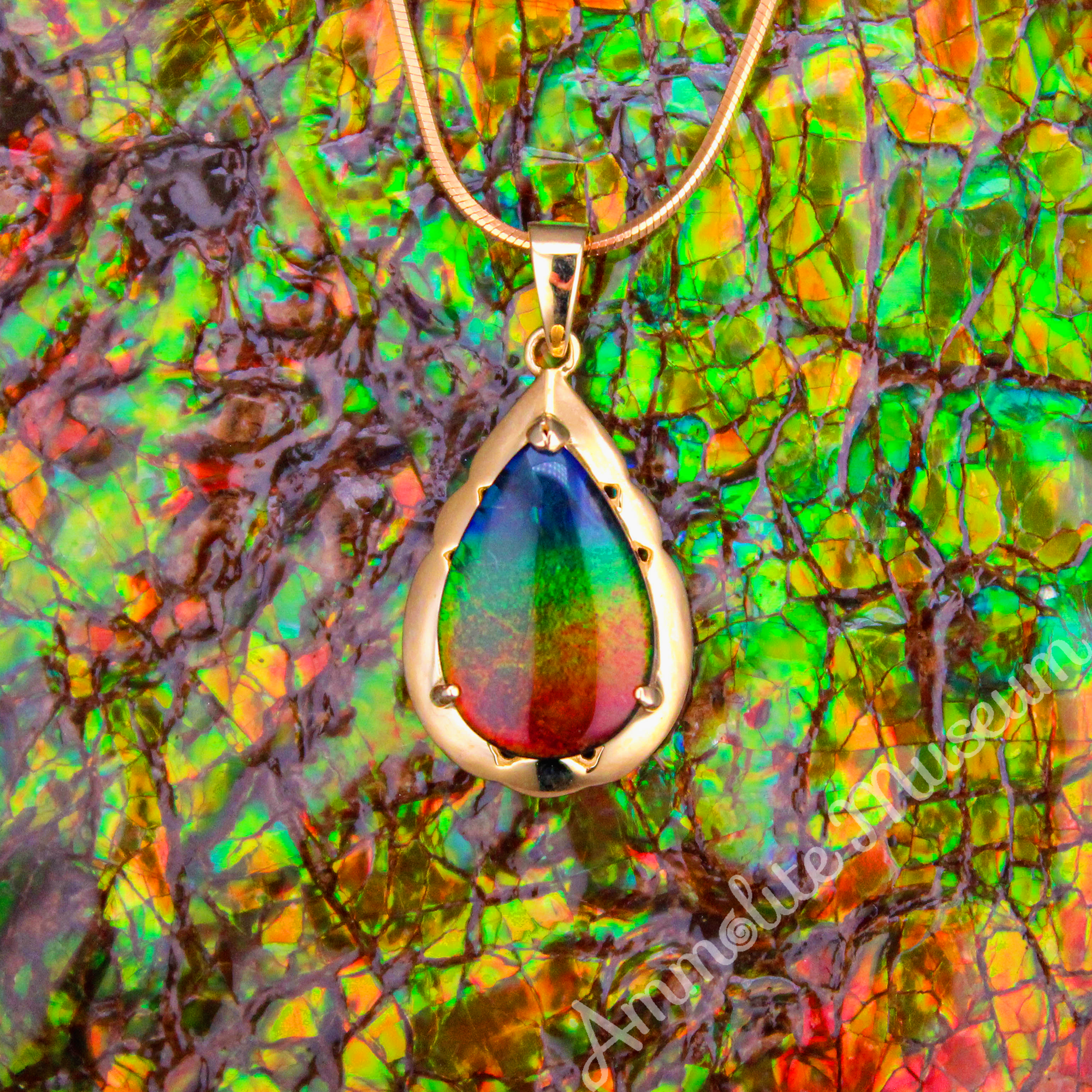 14K Gold Teardrop Ammolite Pendant Necklace - Natural Gemstone Jewelry for Women, Elegant Gift for Birthday, Anniversary & Special Occasions
