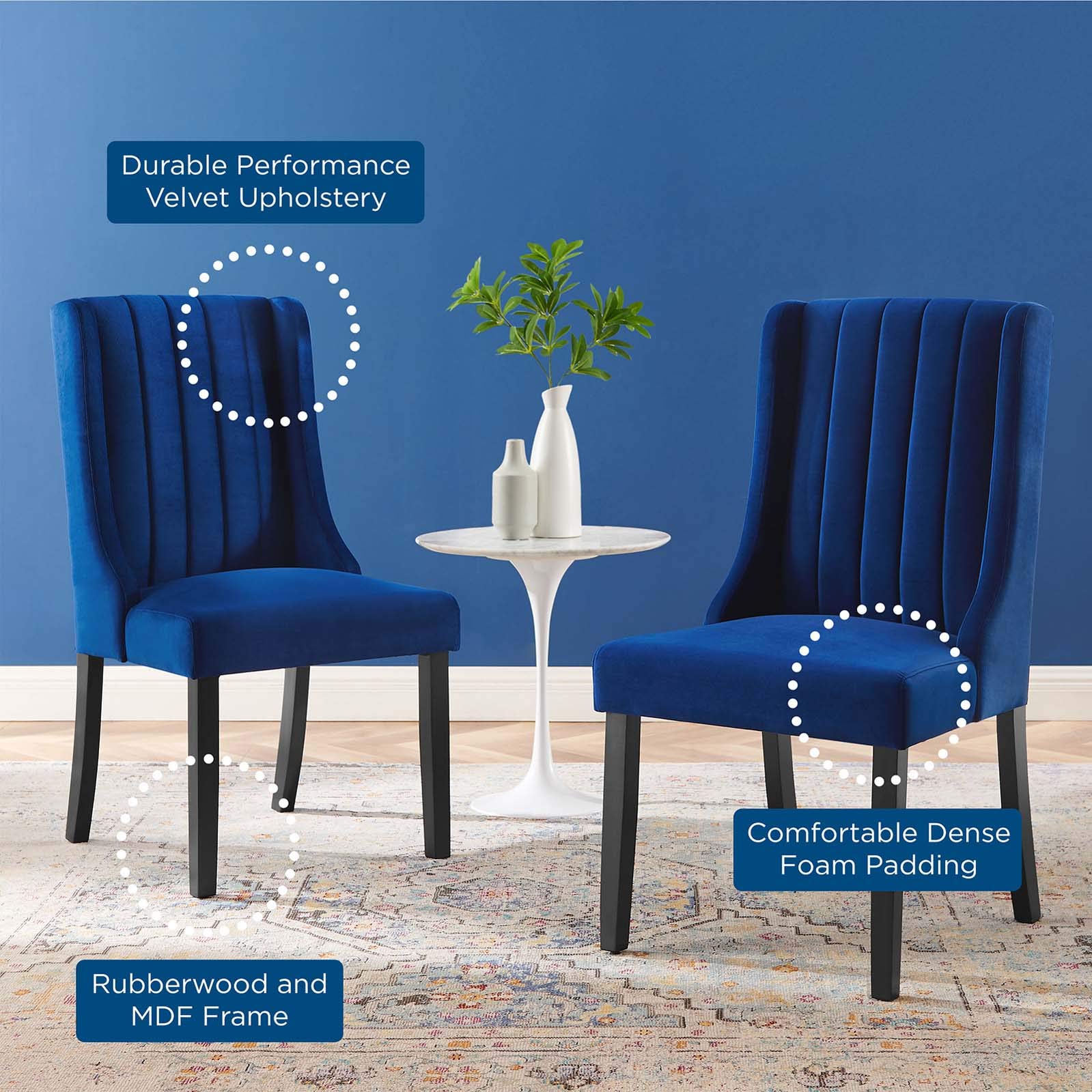Modway Renew Parsons Performance Velvet Dining Side Chairs - Set of 2 Navy Blue Velvet Upholstered Chairs for Kitchen, Dining Room & Home Decor
