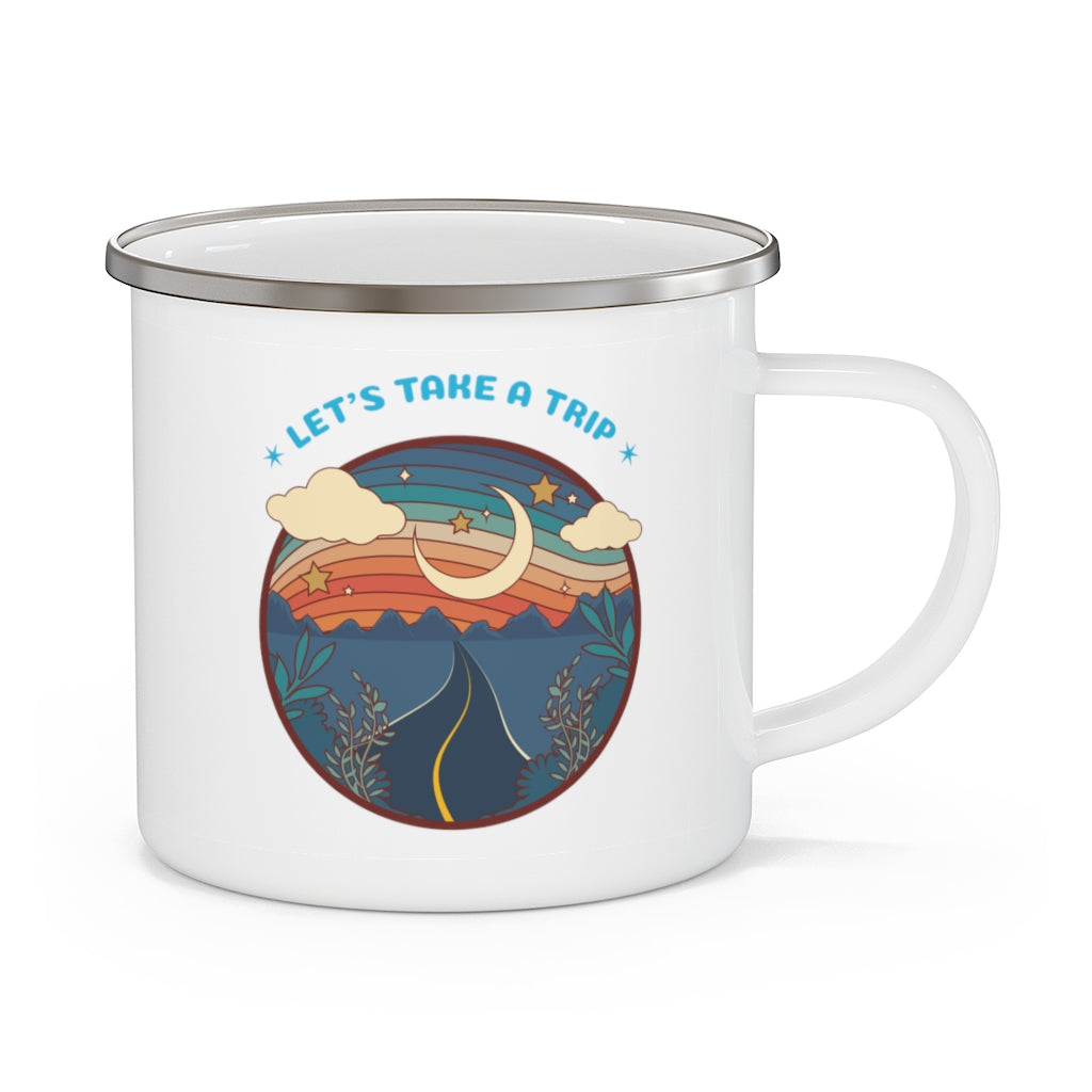 Camping Mug with Adventure Graphic - Insulated Enamel Travel Coffee & Tea Cup for Outdoor Hiking, Backpacking, and Road Trips - Perfect Gift for Campers and Travel Lovers