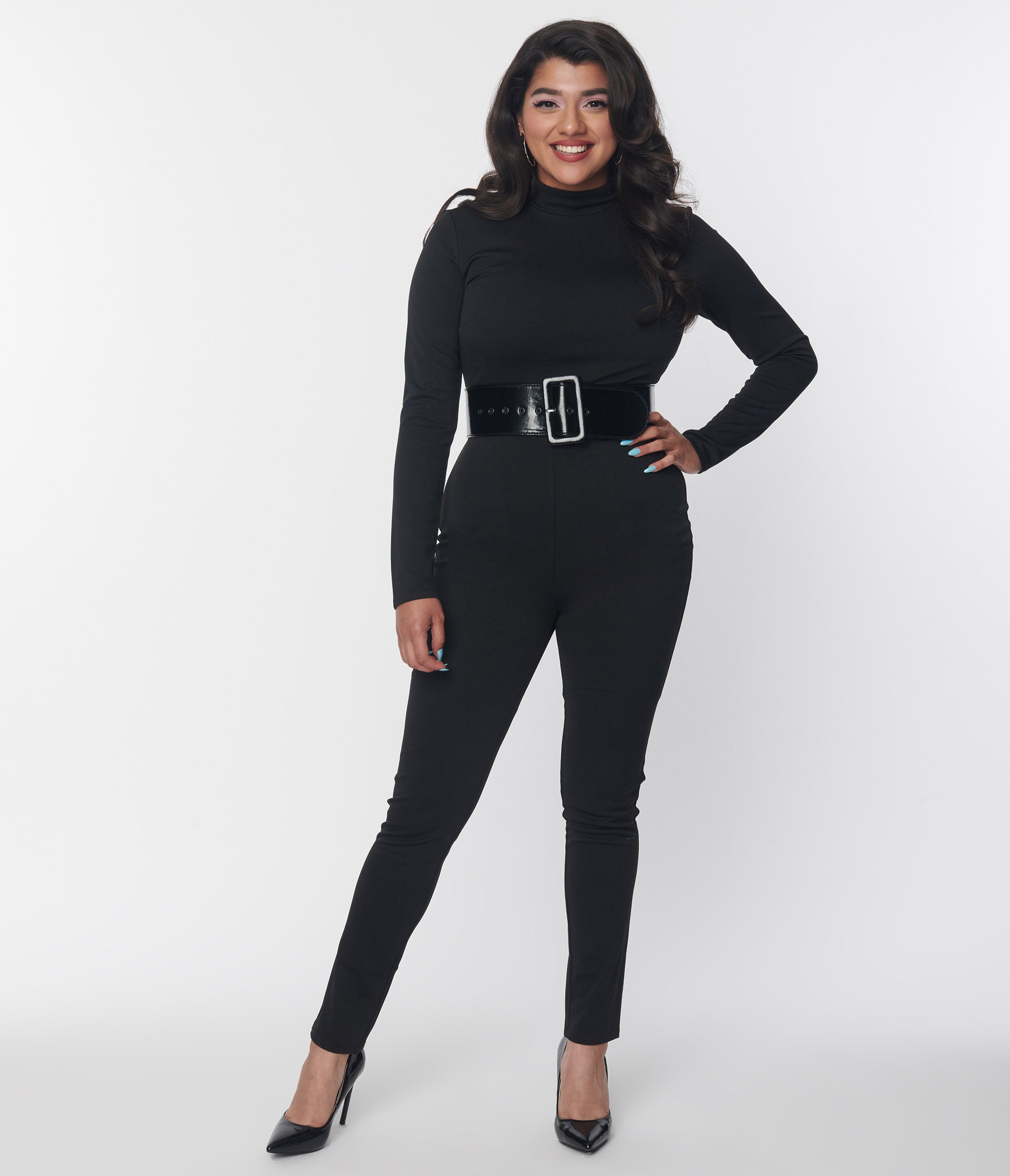 Smak Parlour Black Mock Neck Long Sleeve Jumpsuit for Women - Stylish One Piece Romper with Belt | Perfect for Office, Party & Casual Wear