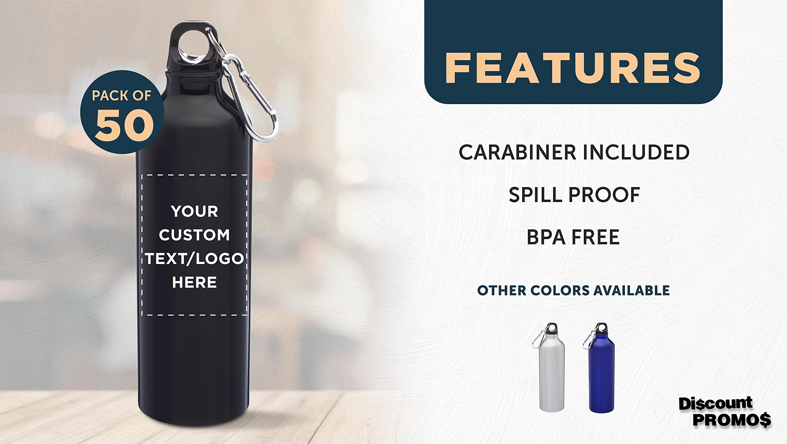Custom 24 oz Aluminum Water Bottles with Carabiner - Bulk Pack of 50, Personalized & Durable - Ideal for Gym, Hiking, Camping, Running, Cycling & Outdoor Adventures - Matte Black Finish - Perfect for Sports Teams, Corporate Gifts & Eco-Friendly Hydration