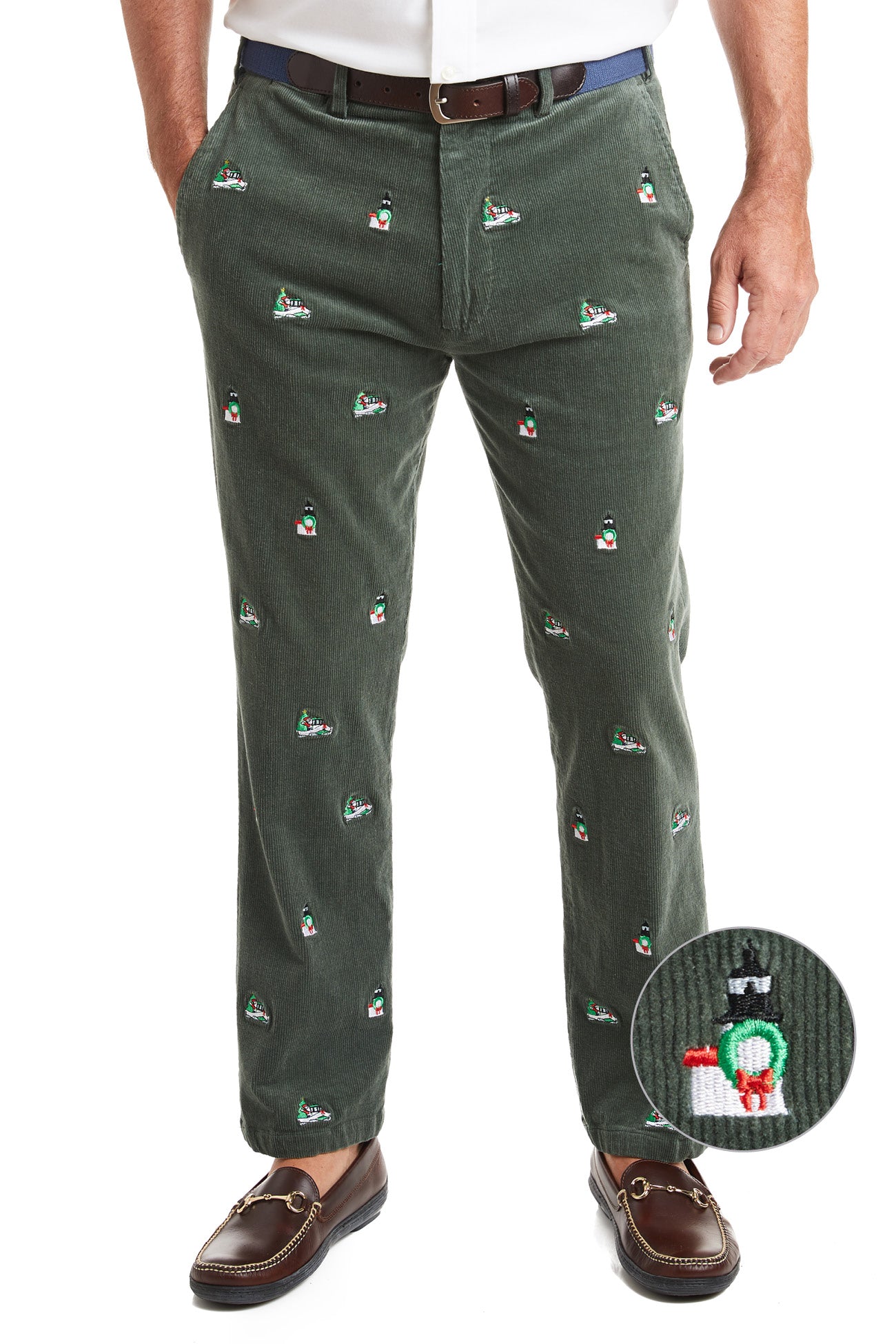 Beachcomber Corduroy Pants for Women - Olive Green Casual Trousers with Santa Boat & Lighthouse Print | Perfect for Beach Outings, Fall Fashion, and Holiday Gatherings