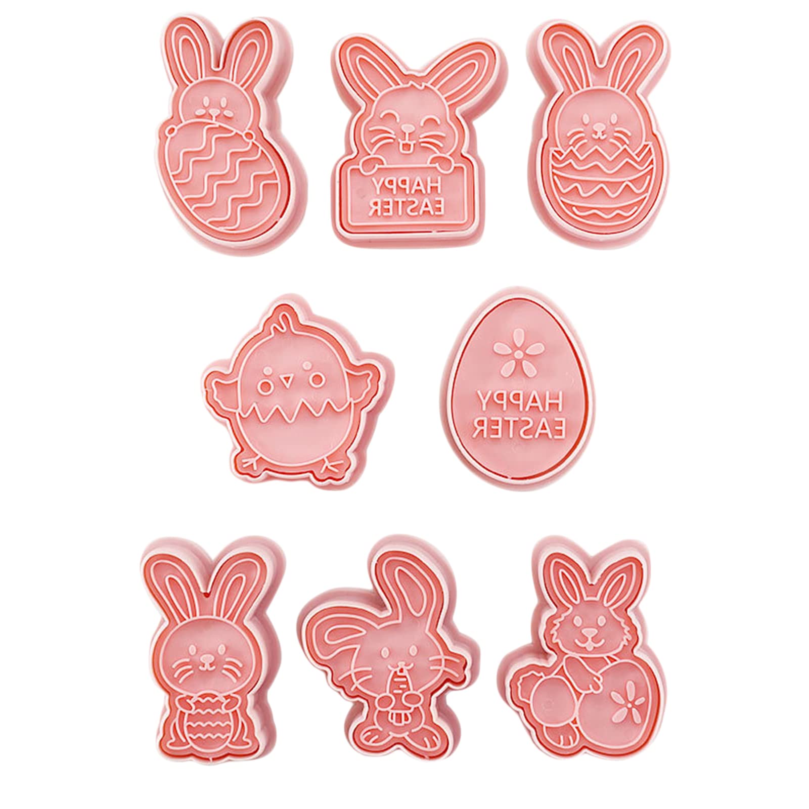 8-Piece Easter Cookie Cutters Set - 3D Pressable Plastic Bunny & Egg Shaped Cookie Stamps for DIY Baking | Holiday Easter Party Supplies (Pink) | Perfect for Easter Baking, Cookie Decorating & Holiday Party Favors