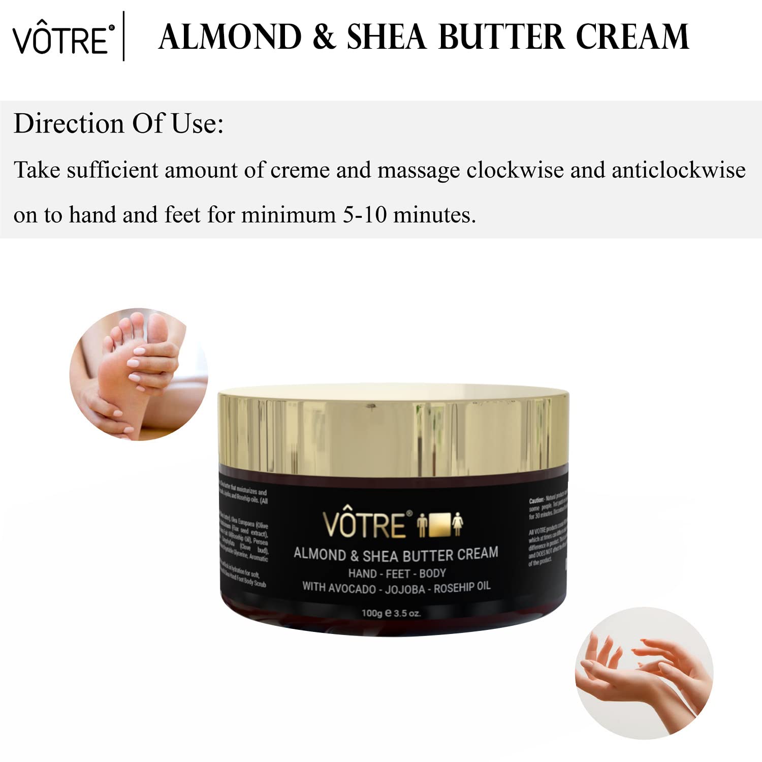 VOTRE Almond & Shea Butter Hand, Foot & Body Cream - 100% Natural Vegan Moisturizer for Dry, Rough & Cracked Skin | Deep Hydrating Heel Repair Cream | Perfect for Daily Skincare, Night Treatment & Travel Size Care (100g)