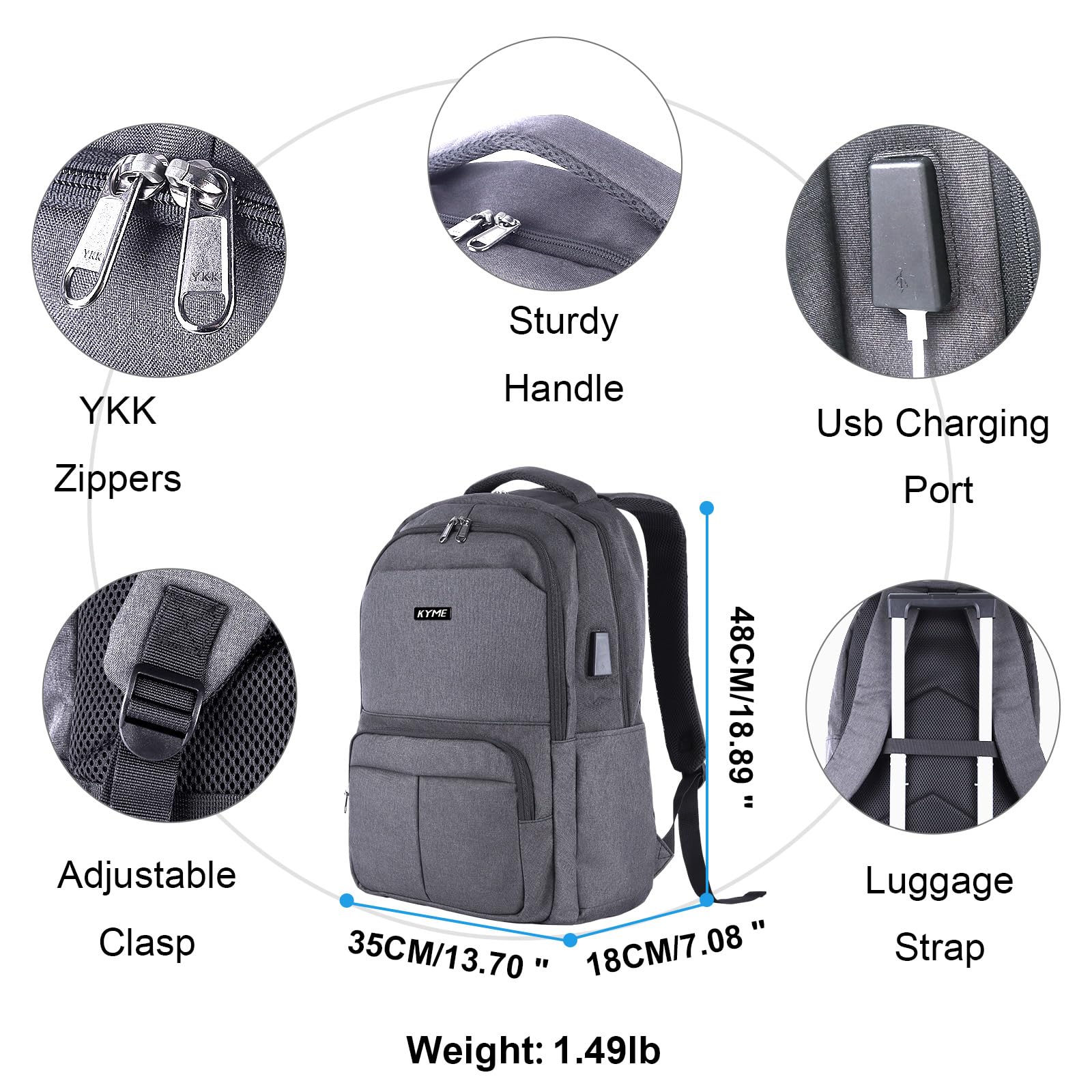 KYME Work Backpack for Men - 17 Inch Large Water Resistant Travel Laptop Backpack - Durable College Book Bag - Perfect for Business, Commuting & School - Grey